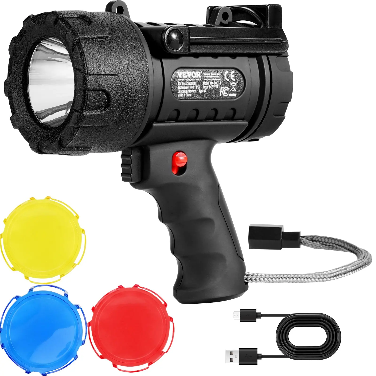 【Summerfinds】VEVOR MX-6001-F Rechargeable Spotlight Flashlight, 200000 Lumens ABS Shell LED Highlight, IP67 Water Resistant Handheld Portable Searchlight with 4 Modes, Detachable Lens, USB-C Fast Charging Port, for Hunting, Boating