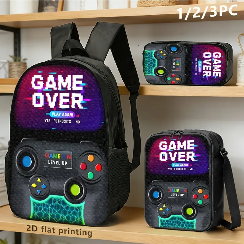 1pc/3pcs with 'GAME OVER' Pixel Art, Controllers, and 2D Printing; Ideal for Tech Enthusiasts for Commuting, Travel, or Study., 2D Flat# backto school# Backpack set# school gifts# girls gifts#   boys gifts# birthday gifts, 17in Bookpack