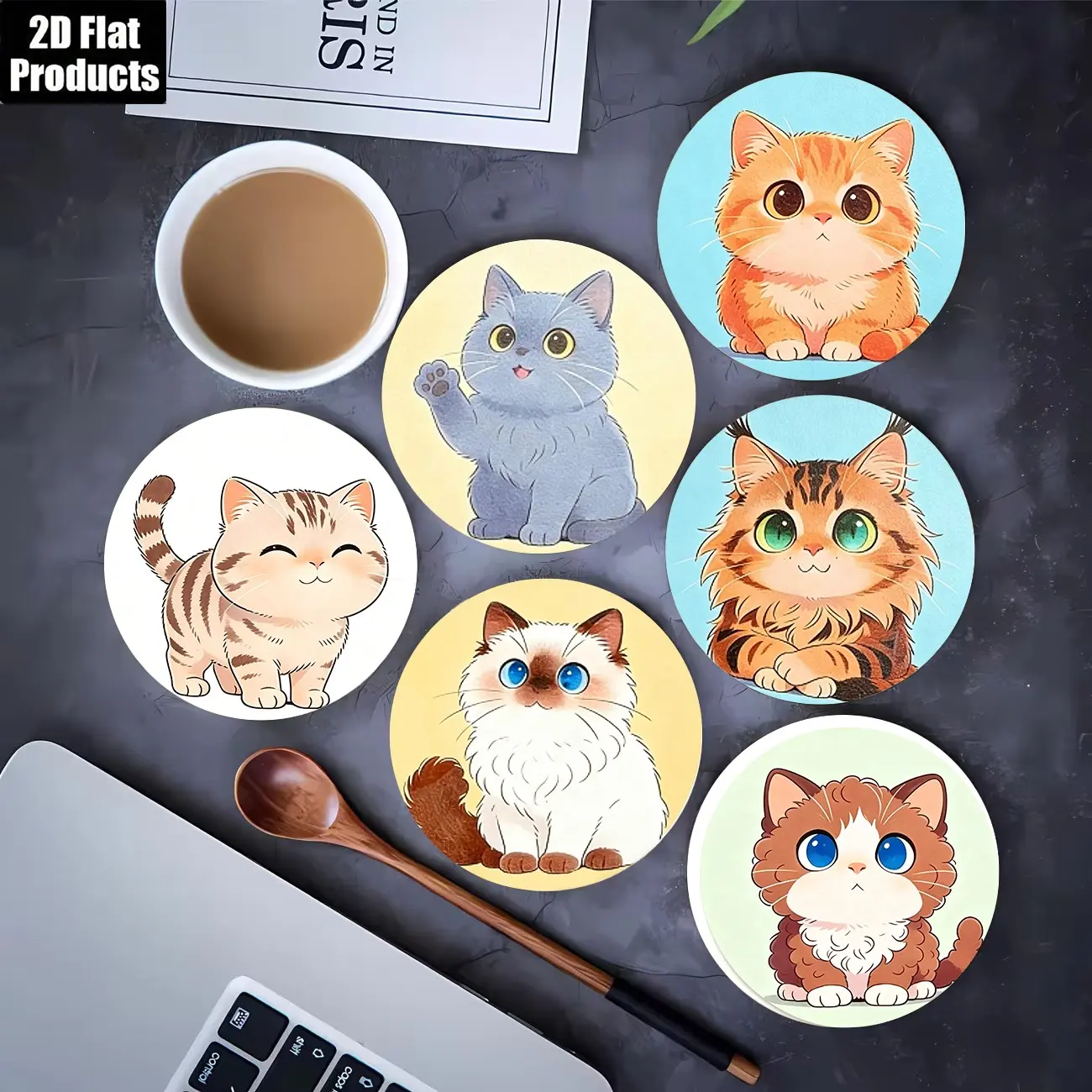 6-Piece Cute Cat Theme Coasters, Wooden Coaster Set, Perfect for Holidays, Bars, Home, Cafes, Enhance Coffee Aesthetics & Home Decor