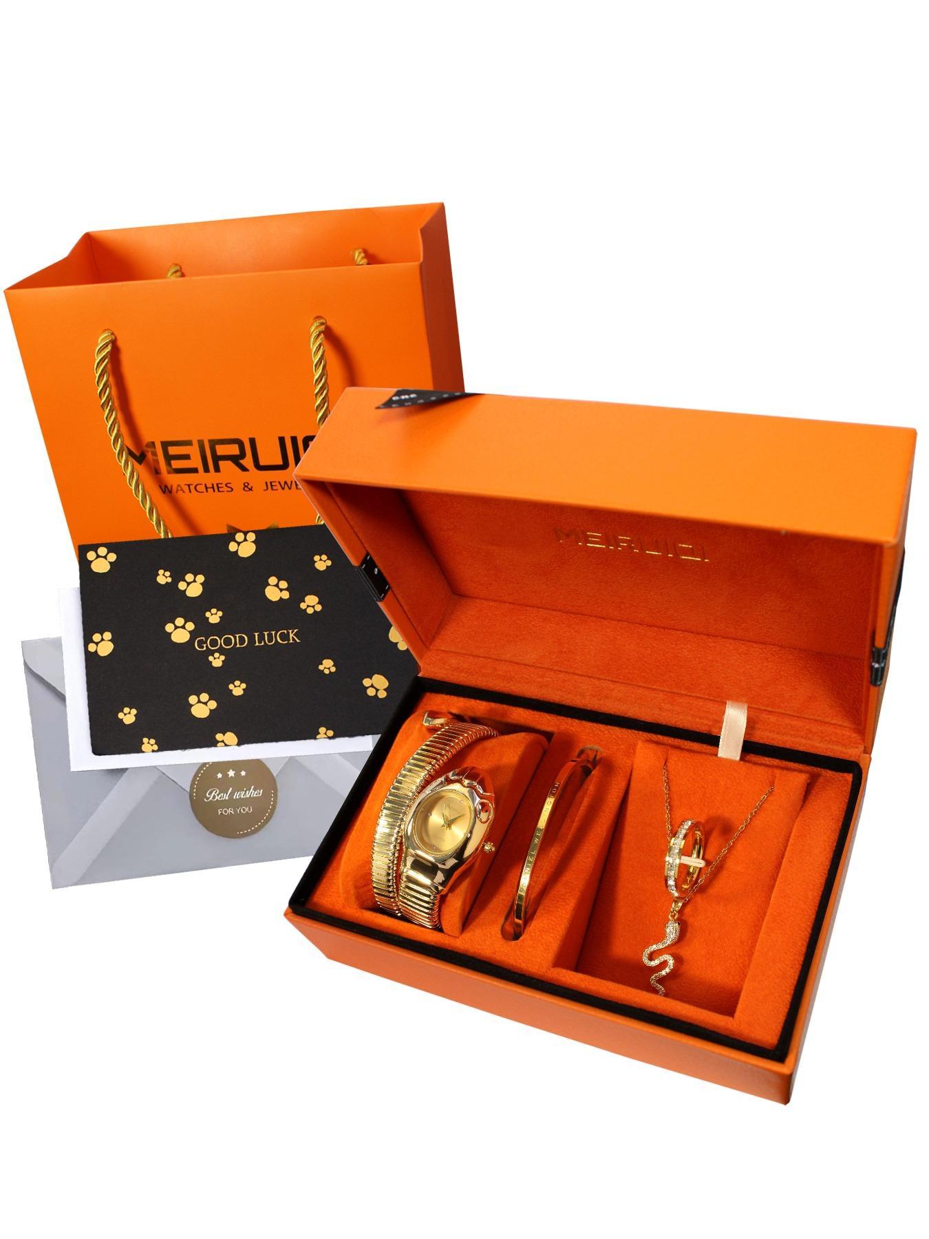 Women's Elegant Snake Design Rhinestone Decor Watch & Jewelry Set, Fashion Watch & Bracelet & Necklace & Ring Set, Trendy All-match Watch Set for Birthday Gift, Complete Accessories Set