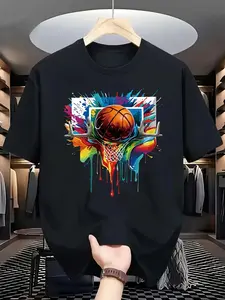 Vibrant Rainbow Drip Splash Paint Deer Antler Basketball Hoop Graffiti Sport Graphic T-Shirt For Men Teen Boys Crewneck Short Sleeve Oversized Athletic Hip Hop Streetwear Tops Big Tall Plus Size S To 5XL Solid White Game Day Summer Tee