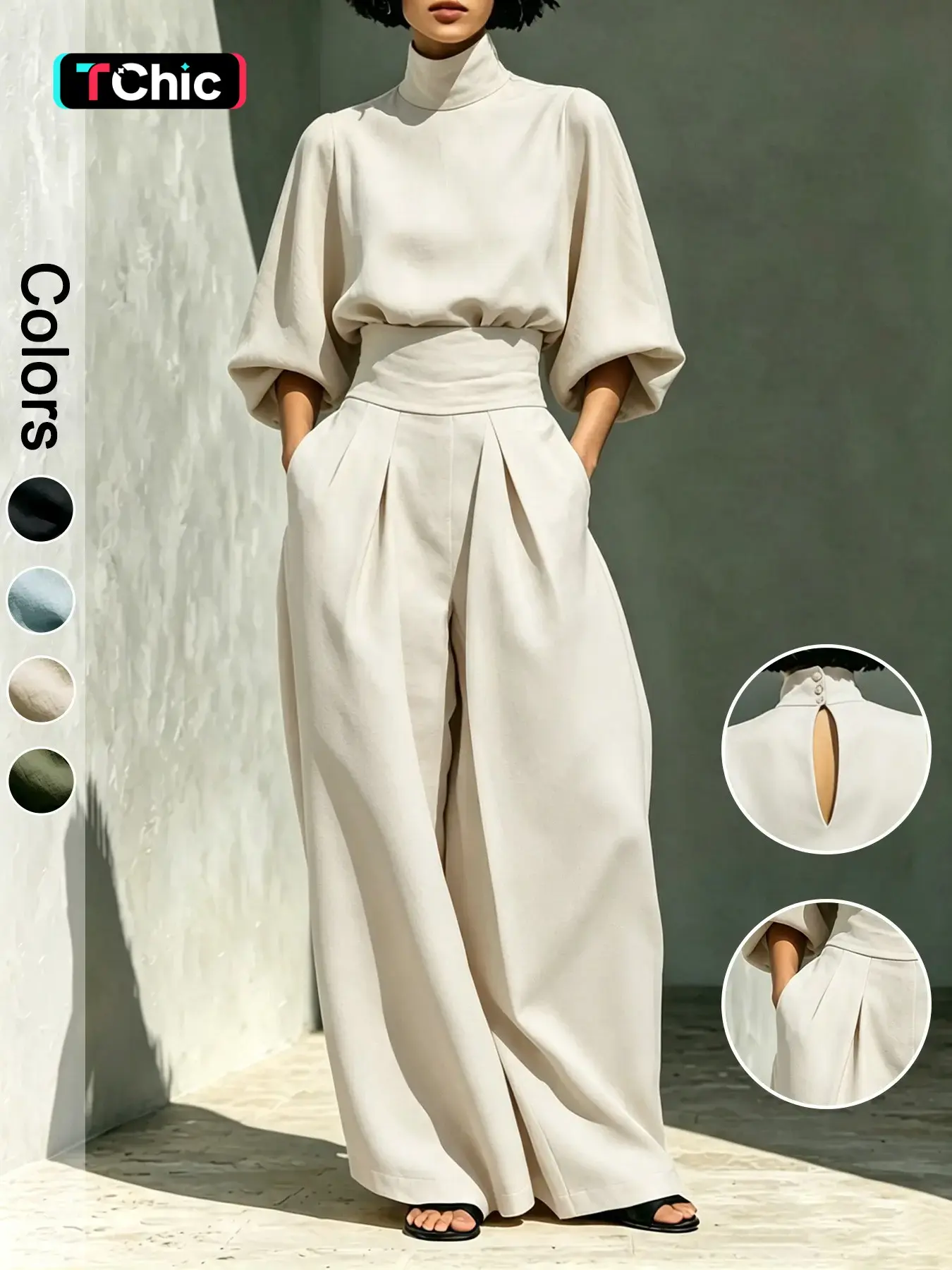 Two-Piece Women's High Neck Three-Quarter Sleeve Top and Pants Set, Elegant Slim-Fit High Waist Wide Leg Pants