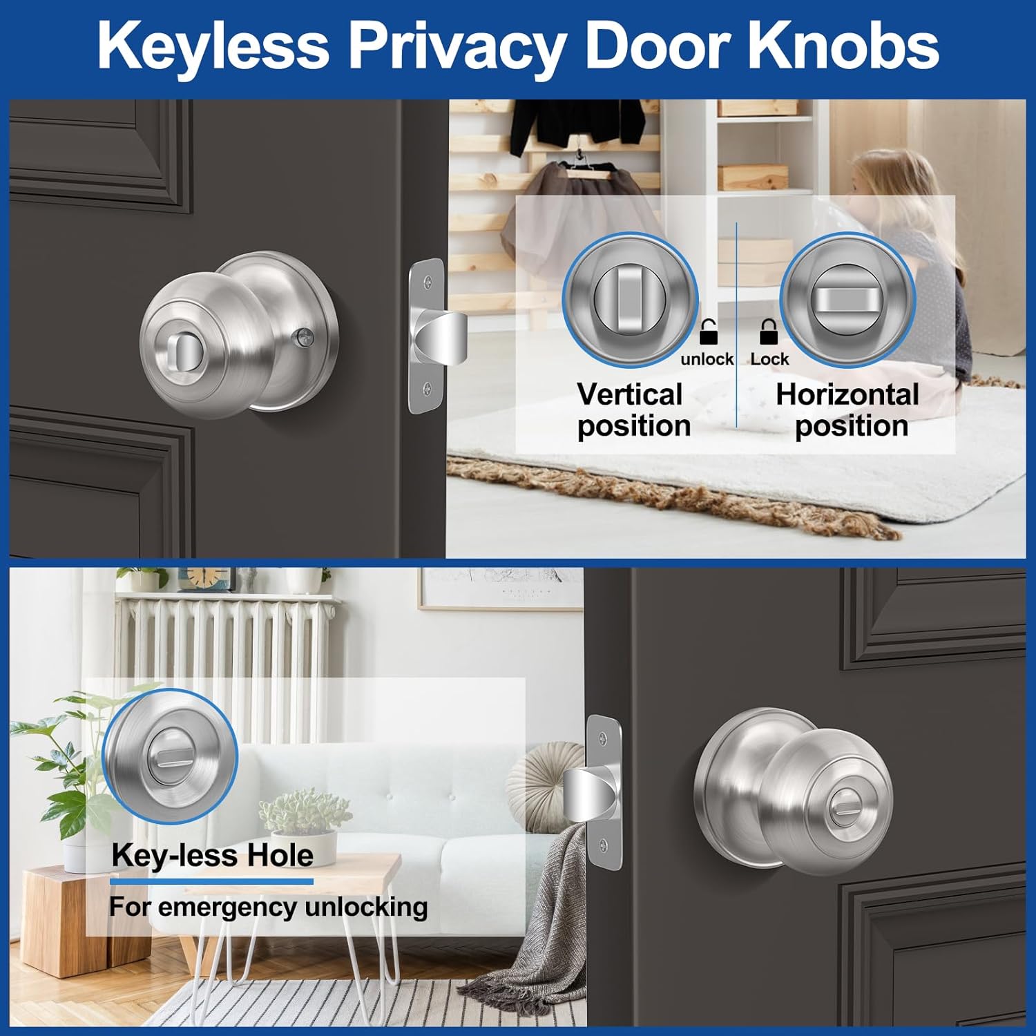 Door Knob, Brushed Nickel Door Knobs Interior Keyless Locks Set(6 Pack), Bedroom Bathroom Door Knob with Lock, Reversible for Left/Right Door Handle