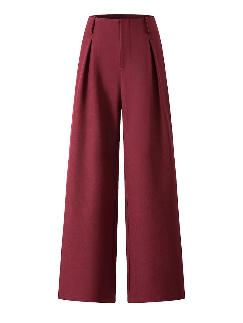 Women's Solid Color Plicated Pocket Wide Leg Pants, Elegant Zipper Fly Trousers for Work Office Business, Ladies Spring & Fall Clothes
