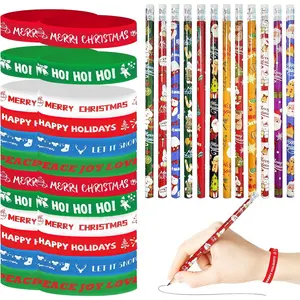 48 count Christmas Pencils  Wristbands Set 24 count Xmas  Pencil 24 count Christmas Rubber Wristbands Christmas Stocking Stuffers