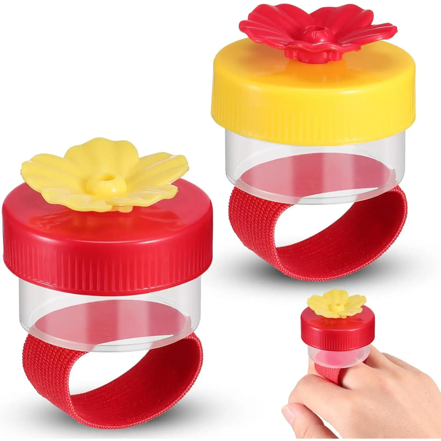 Hummingbird Wrist Feeders (Set of 2) - Pet Bird Supplies Feeding Tools with Adjustable Strap, Flower Top, Perch, Easy Access, Plastic Ring - Mini Outdoor Hand Feeding Accessories