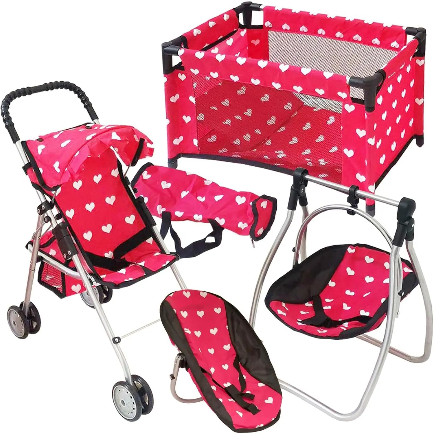 Baby Doll Stroller with Crib Furniture Playset, Multi Baby Doll Accessories Set for 18" Dolls, Includes Stroller Swing and Doll Bed Pretend Play for All Dolls - Pink
