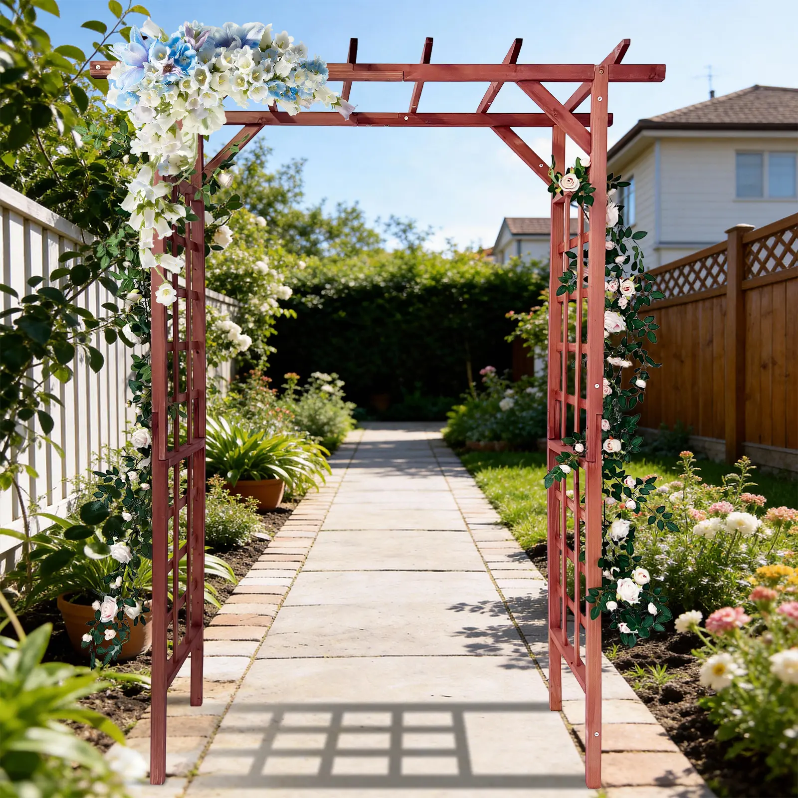 85" Wooden Garden Arbor Arch Trellis - Durable Outdoor Pergola with Arched Top for Climbing Plants - Wedding Ceremony, Backyard, Lawn, Patio, Flower Archway Decoration, Flat Top/Flat top+Arched/Arched, Carbon burned/Teak
