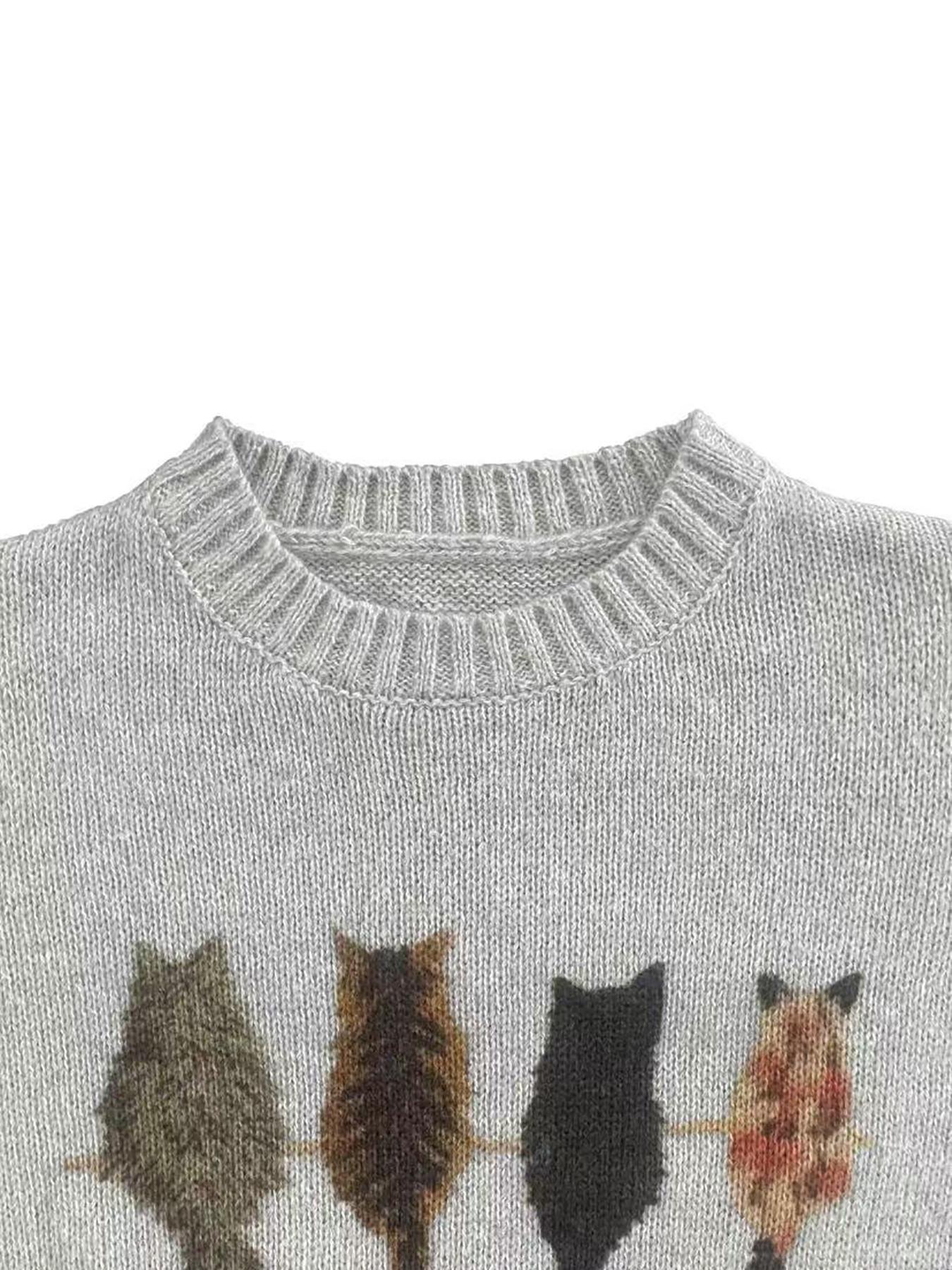 Women's Cat Pattern Knit Sweater, Soft Comfortable Round Neck Pullover, New Design Casual Fashion Lazy Style Top