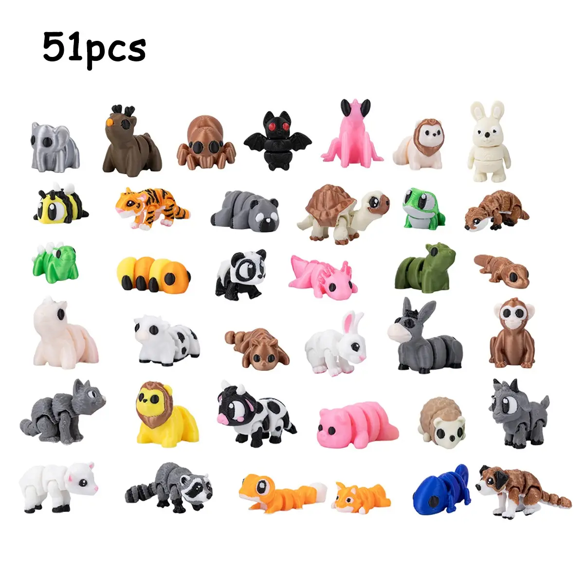 51pcs Forest Animal 3D Printed Multi-Jointed Figurines, Articulated Animal Figurines, Colorful Big-Eyed Cute Small Animals, Miniature Models for Desk Collection, Birthday Gift