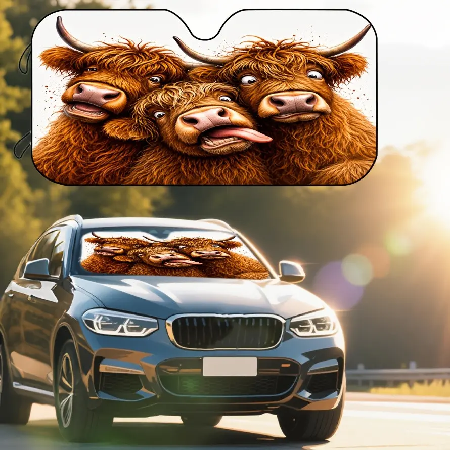 Three Cute Highland Cow Car Shade Front Windshield,Sun Reflector Visor Protector Aluminum Foil Sun Shade Universal Fit for Hatchback, Truck, SUV, MPV