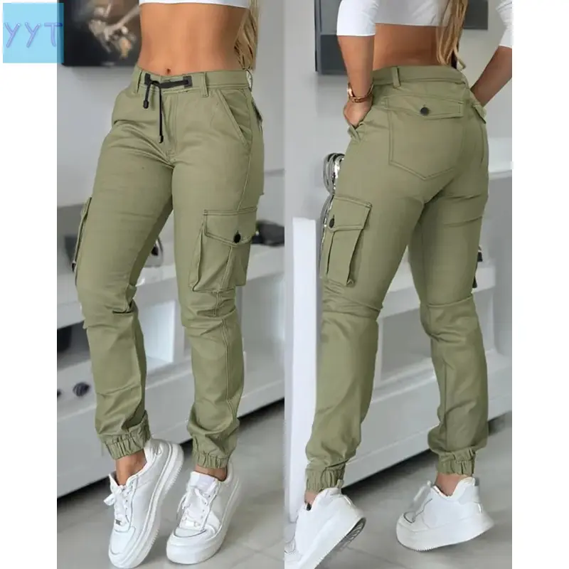 YYT1 Women's Waist Cargo Jogger Pants – Tapered Cuffed Cargo Pants with Pockets, Drawstring Elastic Waist, Casual Streetwear Lightweight Utility Pants