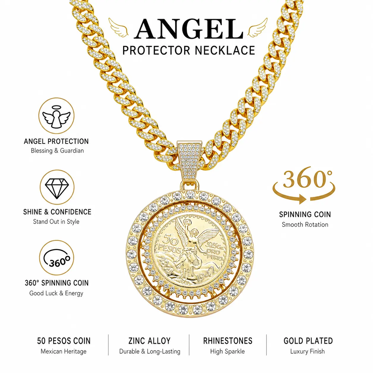 Mexican 50 Pesos 14K Gold Plated Centenario Pendant Necklace, Vintage Cuban Link Chain 20 Inch - Unisex Religious Symbol Jewelry, Zinc Alloy Luxurious Gold Finish Gift for Men Women,talisman necklace,other pov necklace