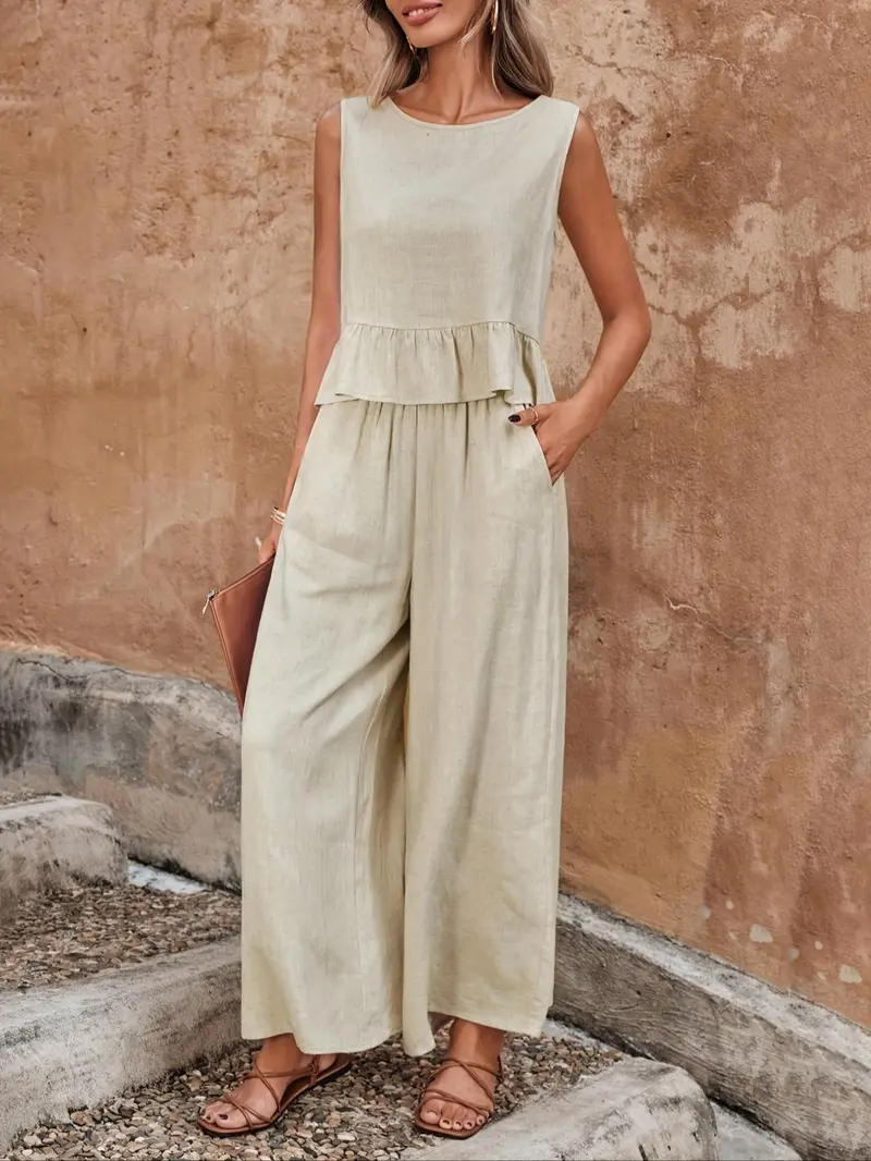 Women's Solid Ruffle Hem Sleeveless Tank Top & Elastic Waist Wide Leg Pants Essential Set, Casual Button-Detail Round Neck Top & Pocket Trousers, Ladies Summer Clothes, Clothing Sets