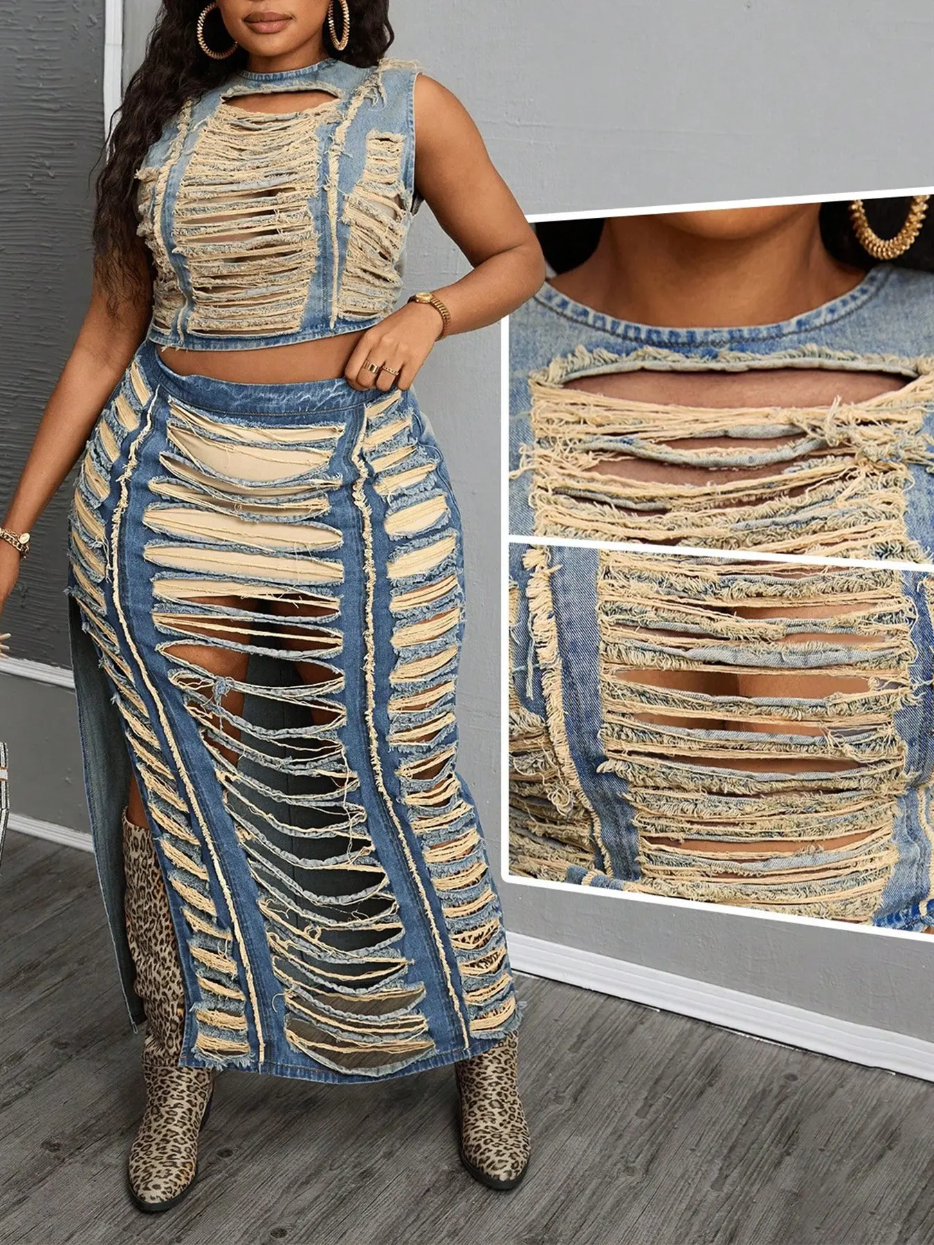 Women's Plus Size Trendy Style Handmade Ripped Denim Fit Tank Top, Front Tie Strappy Design, Versatile Casual, Matching Denim Clothes