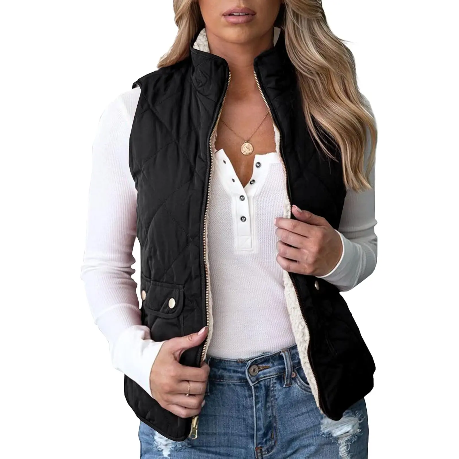 Tankaneo Womens Reversible Quilted Sherpa Fleece Vest Lightweight Sports Vest Coat | Zip up,Casul,Fall Winter,Outerwear,with Pockets,Sleeveless,Fuzzy