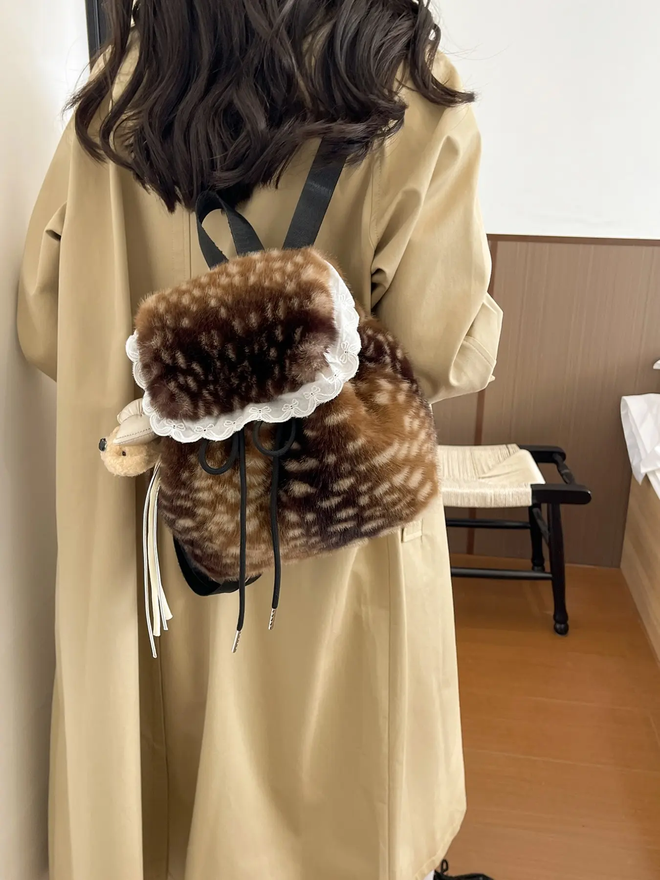 2026 New Pattern Plush Backpack, Lace Trim Doll Bag, Cute Drawstring Fuzzy Bag for Daily Outing, Shopping, Dating, Sweet Style Small Backpack, Fluffy Backpack