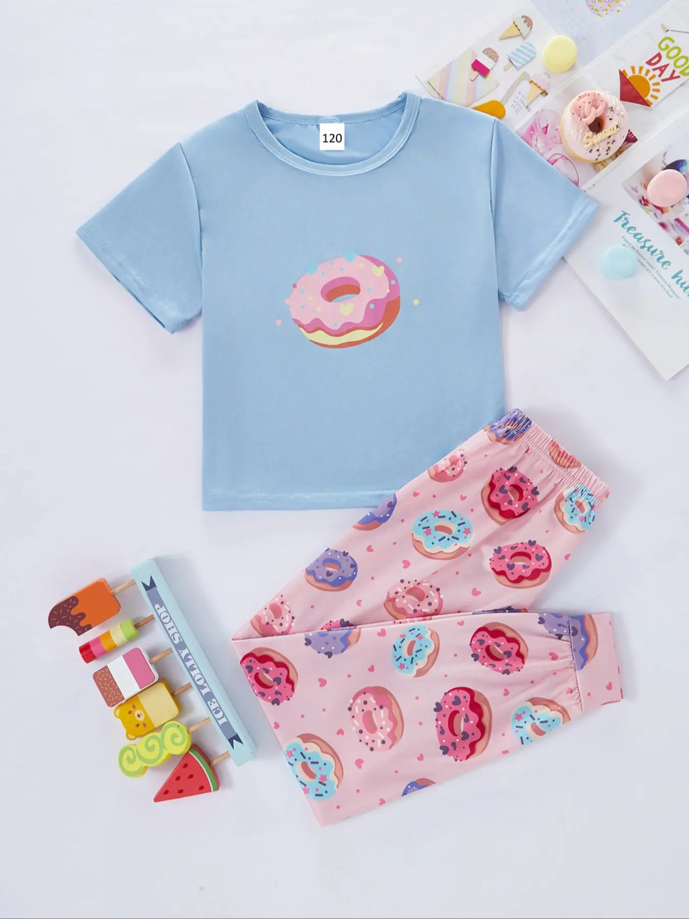Girls' Summer Donut Pajama Set, Light Blue Short Sleeve Top, Full Print Cuffed Long Pants, Cute Cartoon Home Wear, Summer Pjs
