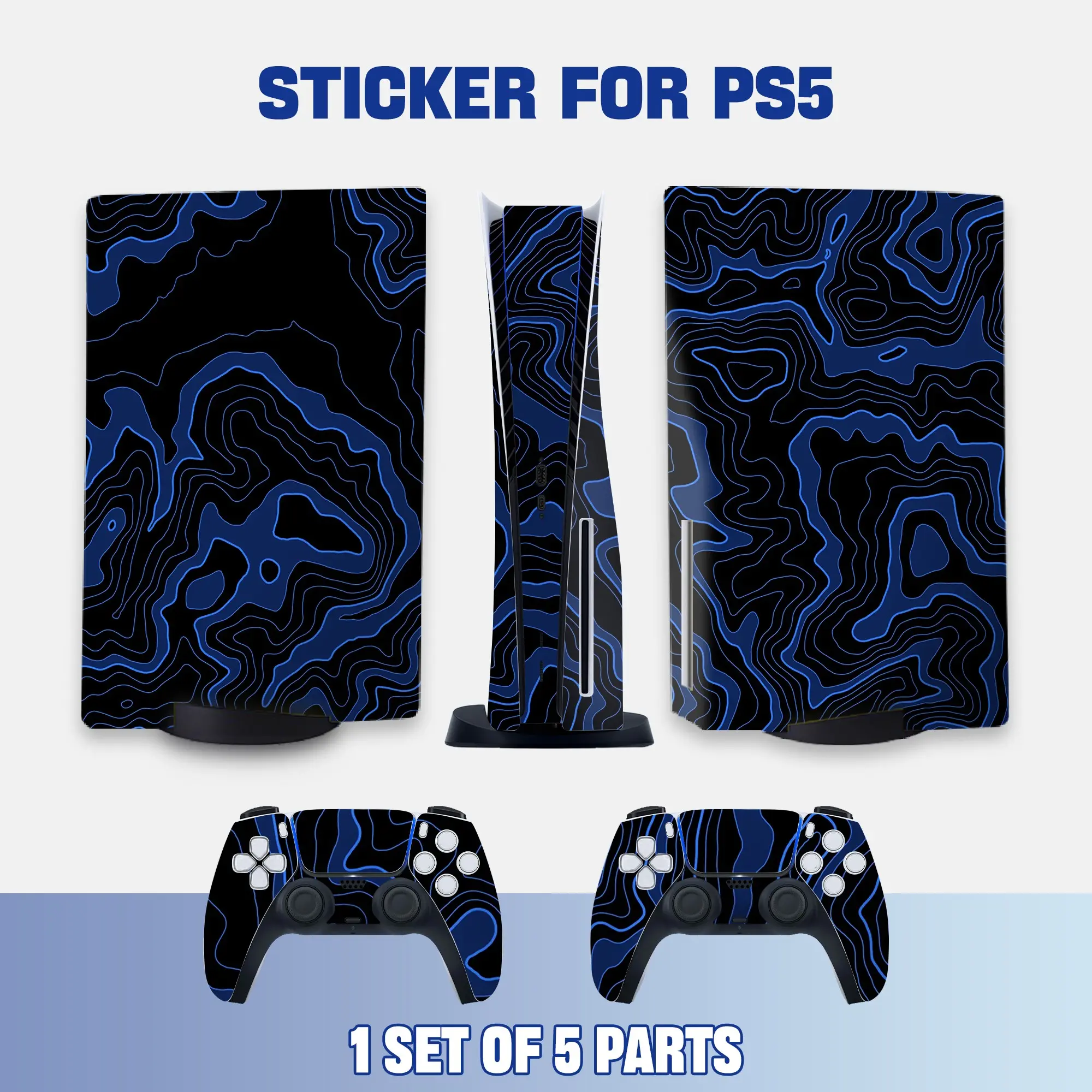 Ps5 Drive Edition Console & Controller Protection Stickers, Blue Contour Terrain Vinyl Decals, Durable Gaming Accessories