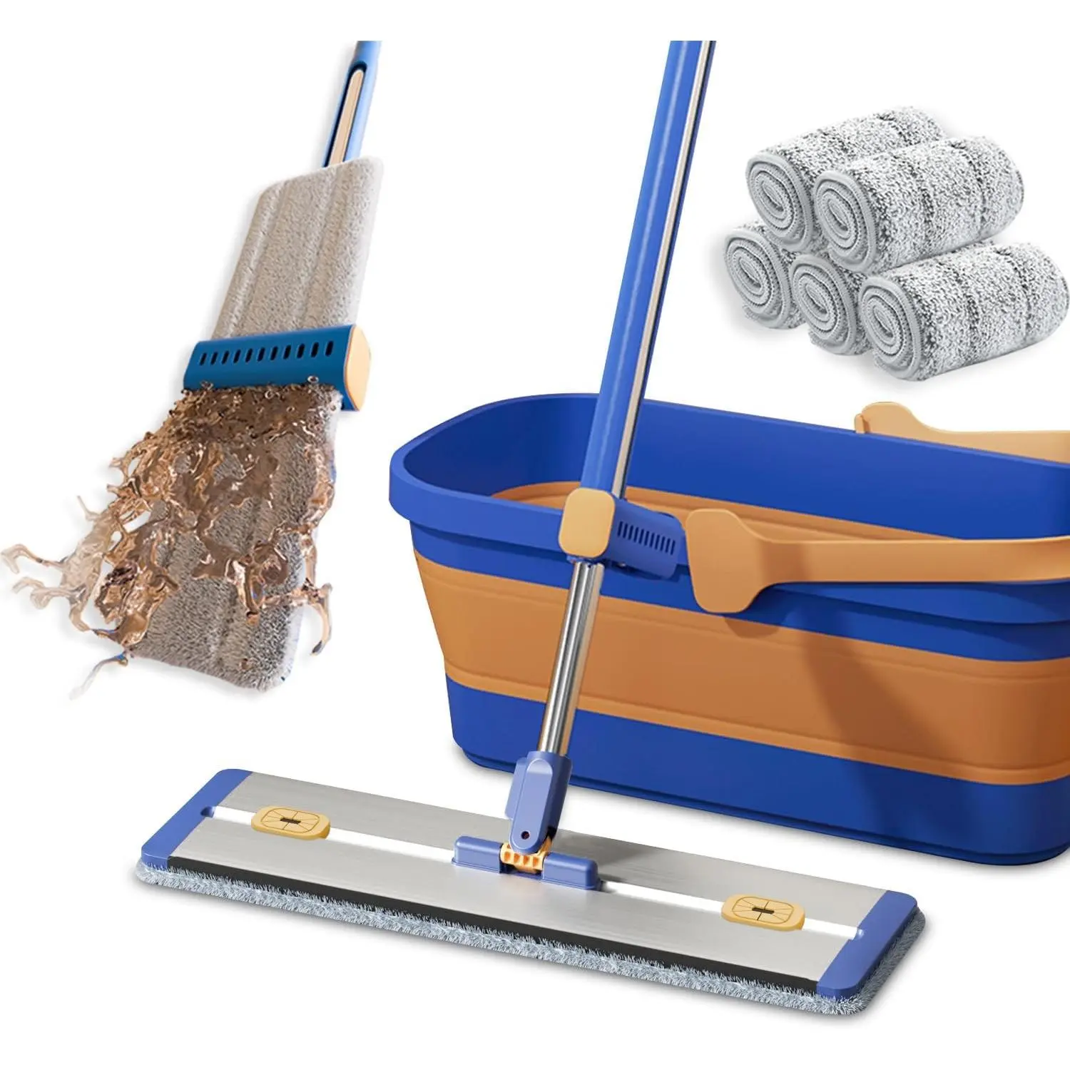 16.5" Self-Wringing Flat Mop with Collapsible Bucket Cleaning System, 55" Long Handle & 5 Microfiber Pads for Hardwood, Tile Floors