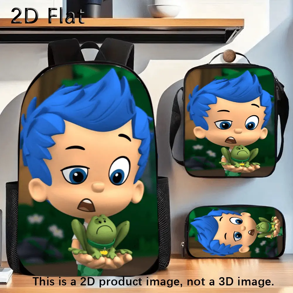 Durable Water Resistant 3-Piece Backpack Set, Backpack + Insulated Lunch Bag + Pencil Case, Bubble Guppies Blue-Haired Boy Holding Frog Forest Scene Print, Breathable Padded Straps