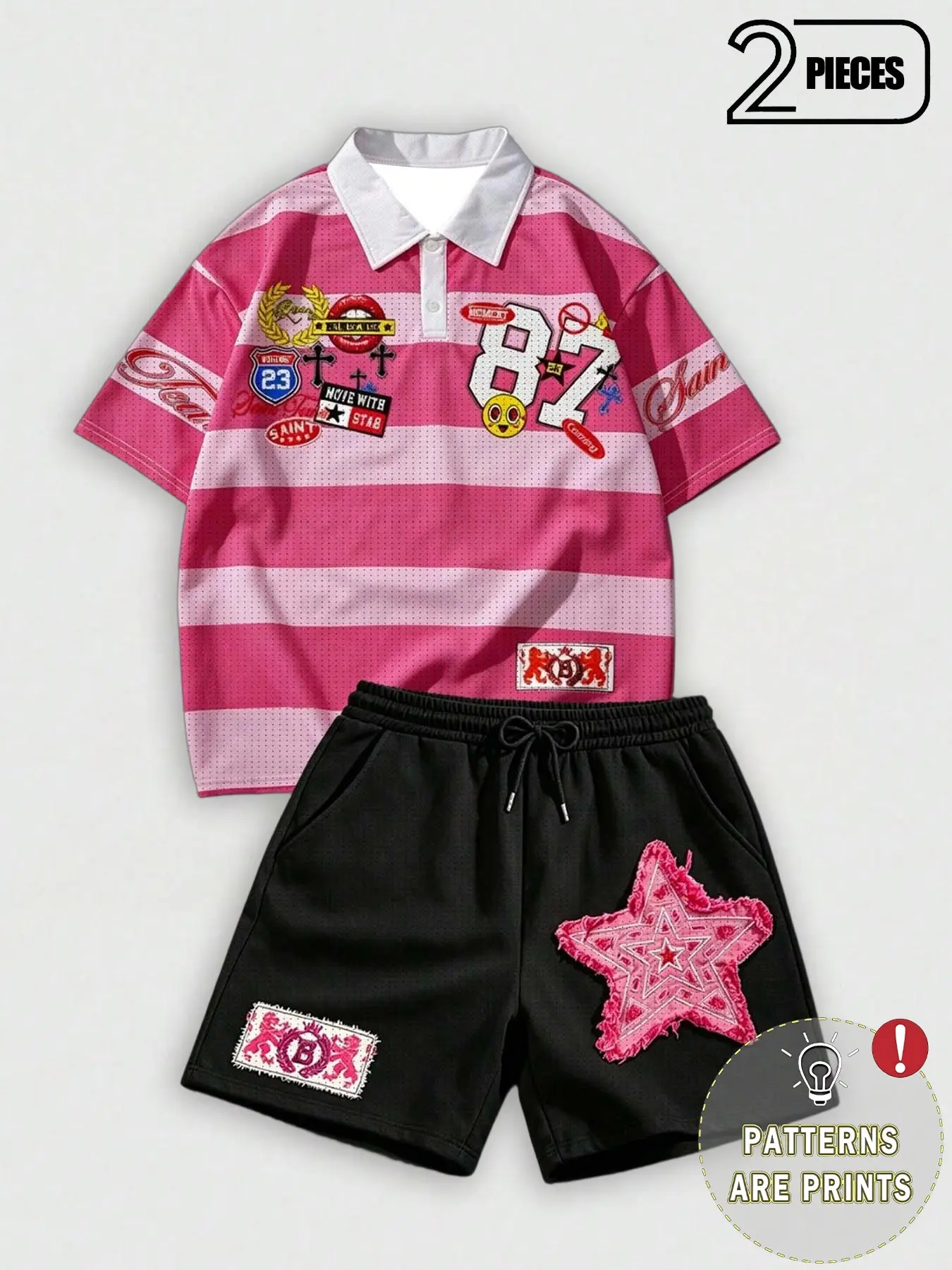 2 Piece Set Unisex Y2K Street Style Striped Mesh, Polo Shirt + Shorts, Chest Logos & Number 87 Print, Loose Fit