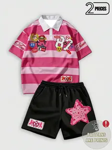2 Piece Set Unisex Y2K Street Style Striped Mesh, Polo Shirt + Shorts, Chest Logos & Number 87 Print, Loose Fit