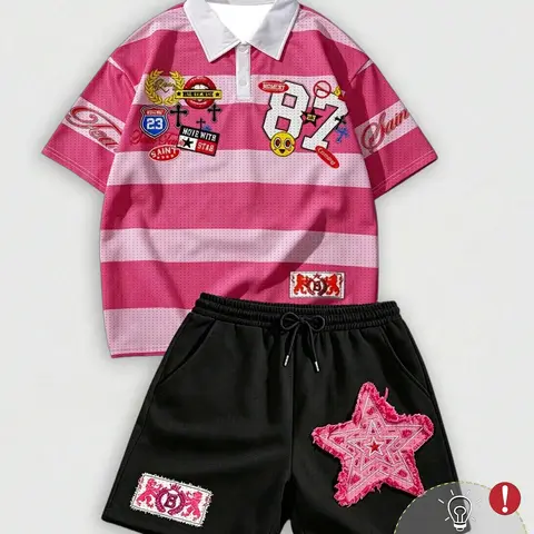 2 Piece Set Unisex Y2K Street Style Striped Mesh Polo Shirt and Shorts Matching Set, Chest Logos & Number 87 Print, Loose Fit