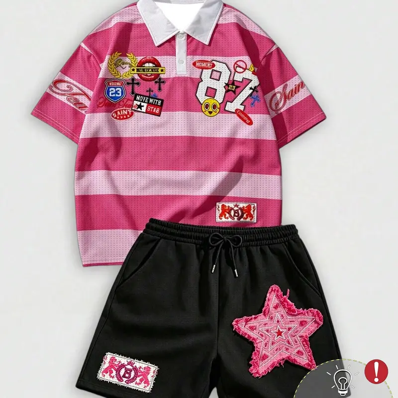 2 Piece Set Unisex Y2K Street Style Striped Mesh Polo Shirt and Shorts Matching Set, Chest Logos & Number 87 Print, Loose Fit