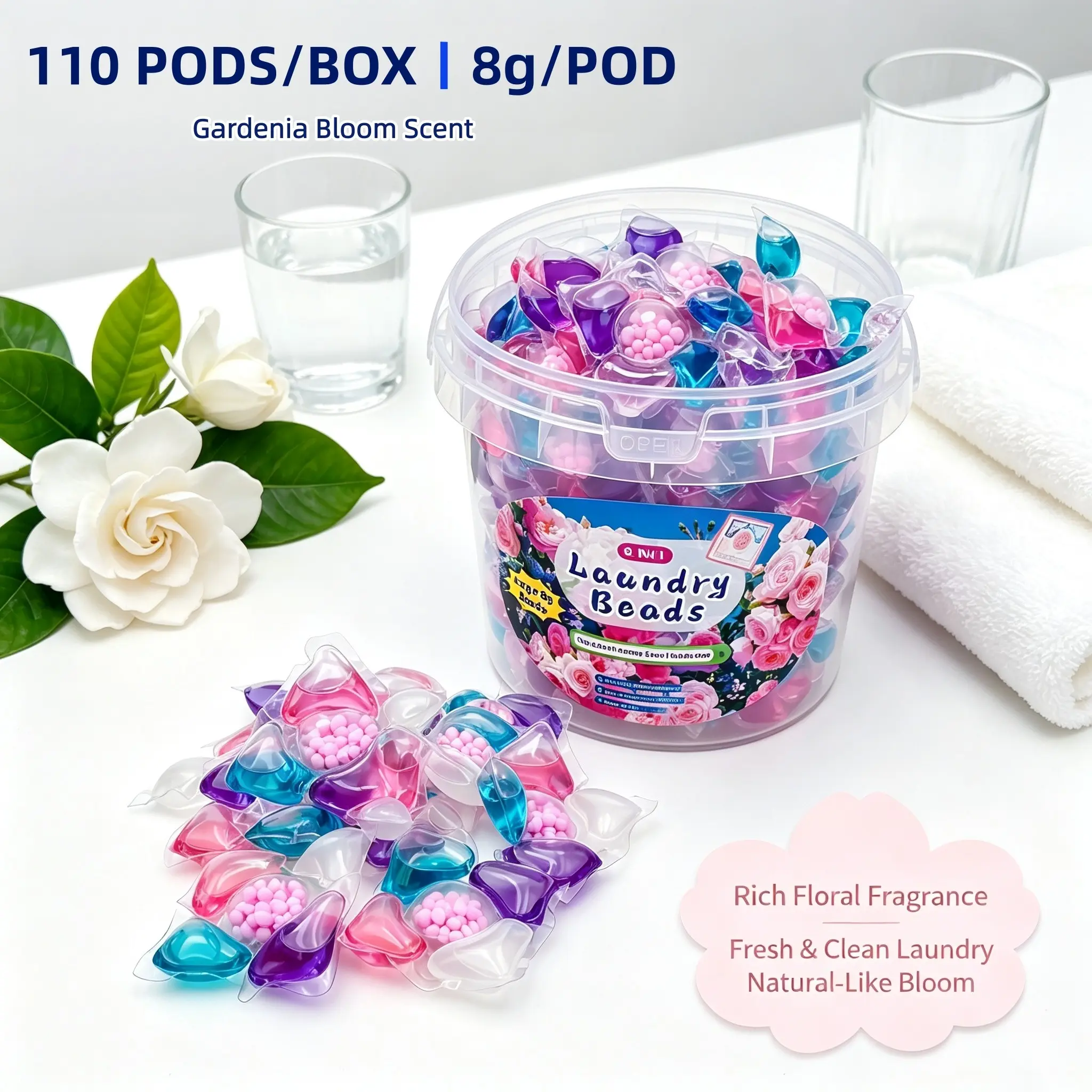 💐💰110 PCS FAMILY SIZE! Intense Gardenia Scent Laundry Detergent Pods | 5-IN-1 Concentrated Capsules, High-Active, 8g Extra Large, Odor Eliminator, Powerful Stain Removal, Fabric Softener | Cold Water Washable – Perfect for Home, Laundry Room, Apartment