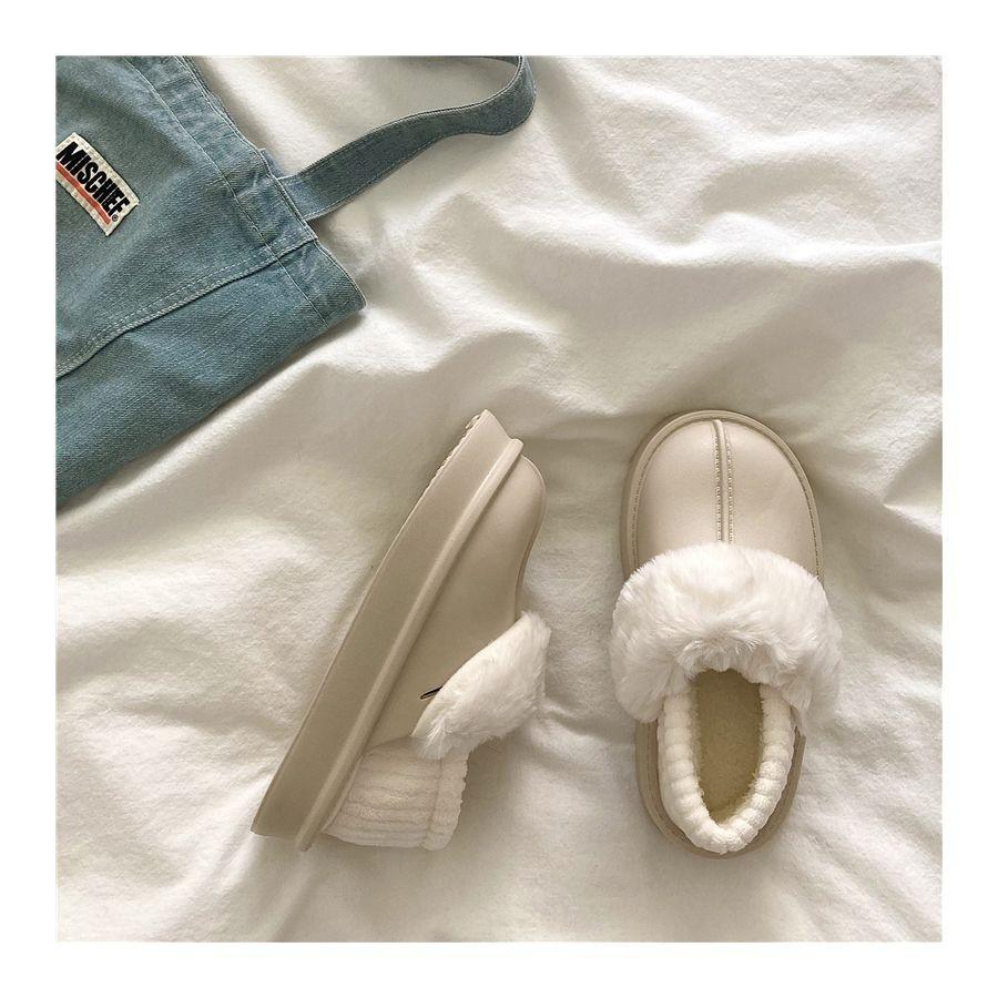 Crestar Winter Women Fuzzy Slippers New Outdoor Waterproof Cotton Shoes Warm Fluffy Home Slides Detachable Plush Cotton Slippers