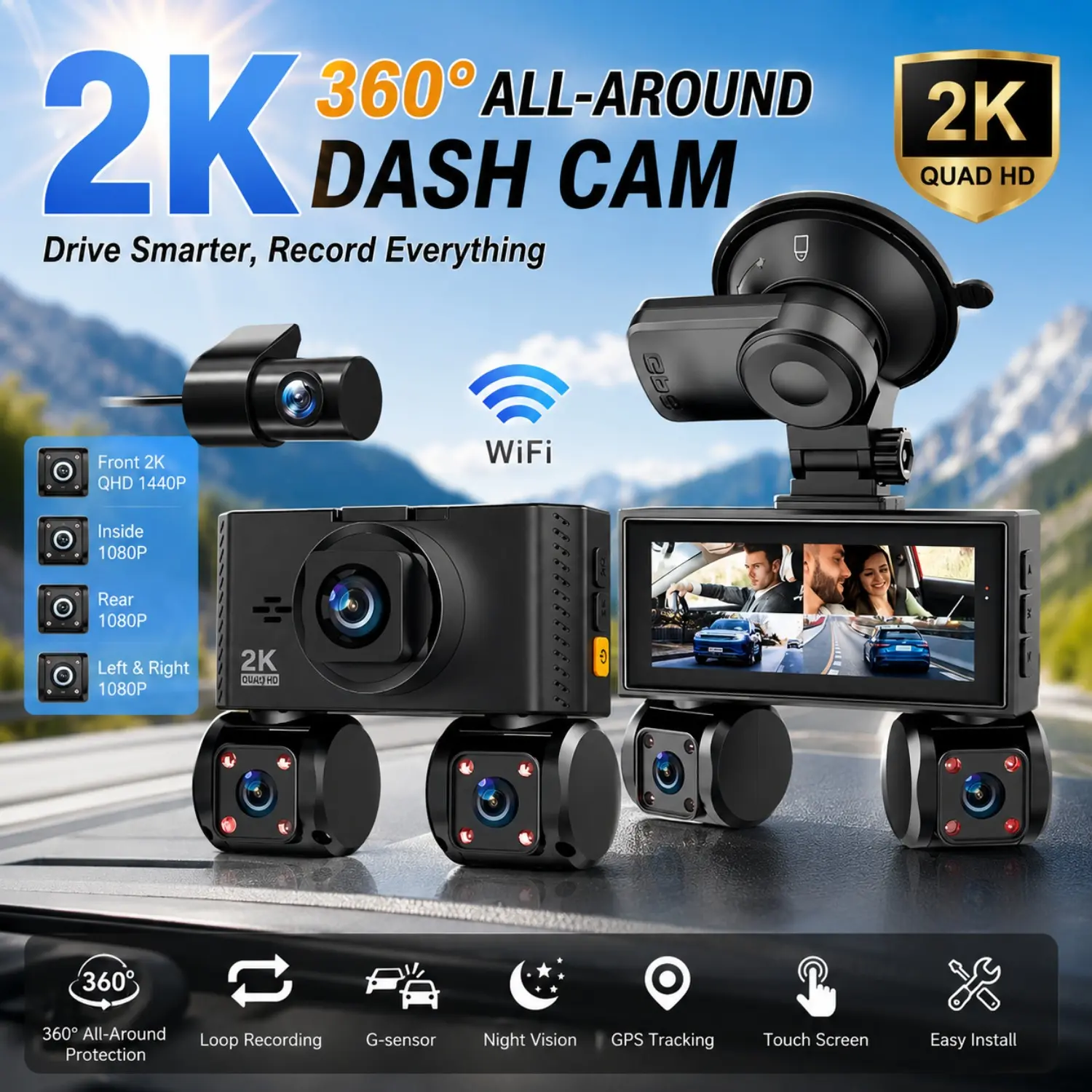 2K WiFi GPS Dash Cam, 4 Channel Front Rear Left Right Cameras, 360° Full Coverage, IR Night Vision, Touch Screen Display, Emergency G-Sensor, Loop Recording, Free 64GB Memory Card