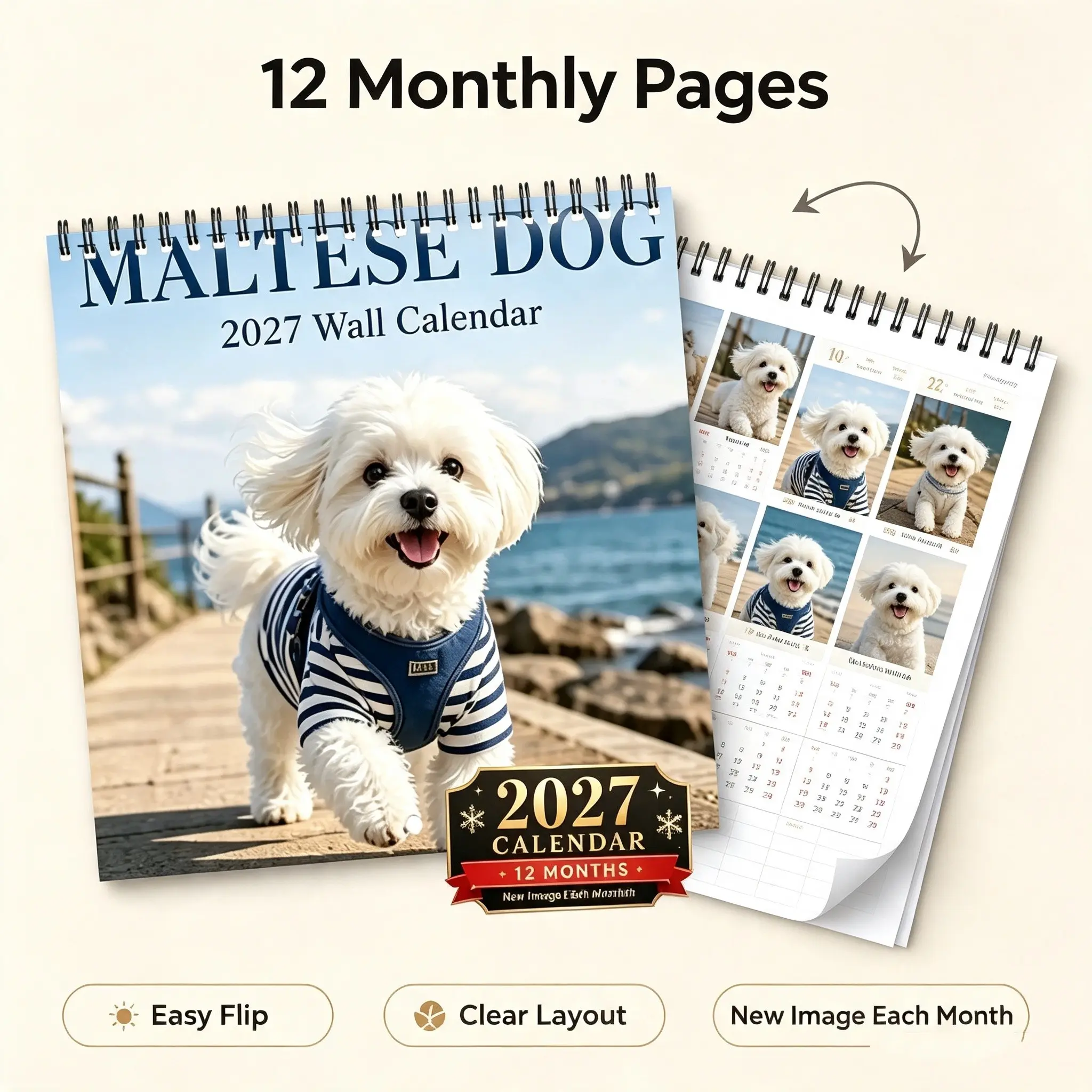 2027 Maltese Dog Wall Calendar, Spiral Bound 12-Month Hanging Monthly Planner, Cute Puppy Art Illustration, Pet Wall Decor Gift