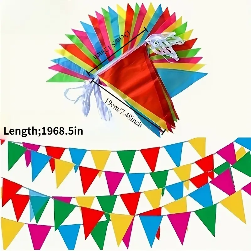 Set of 130 colorful pennant banners, 1968.5 inches long, rainbow flags for party decorations, perfect for carnivals, outdoor gardens, classrooms, and more. Comes in red, yellow, blue, green, and pink, made of polyester, easy to hang, great for home weddin