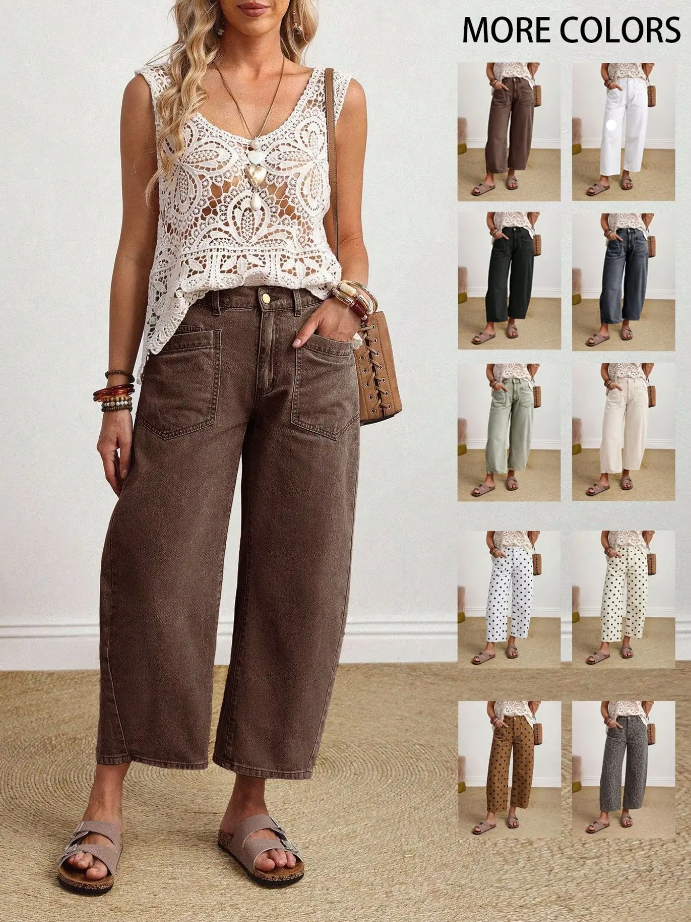 Coffee Color Patch Pocket Lantern Jeans, Casual Comfy Jeans, High Waist Loose Fit Retro Vacation Style Casual Pants