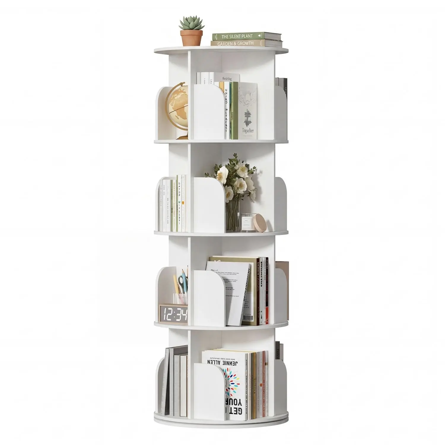 3/4 Tier Vertical Rotating Book Tower 360 Degree Round Carousel Bookcase Space Saving Corner Bookshelf for Home Office Bedroom and Study Room