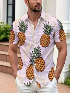 Men's Tropical Print Hawaiian Shirt, Hand-Drawn Pineapple Pattern, Comfortable Breathable Short Sleeve, Casual Beach Vacation Top