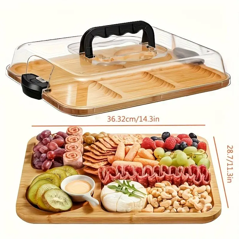 Portable serving tray and cheese plate, equipped with a transparent acrylic lid, suitable for camping parties, restaurants, festivals, and as a serving tray and cutting board for appetizers, deli foods, and snacks