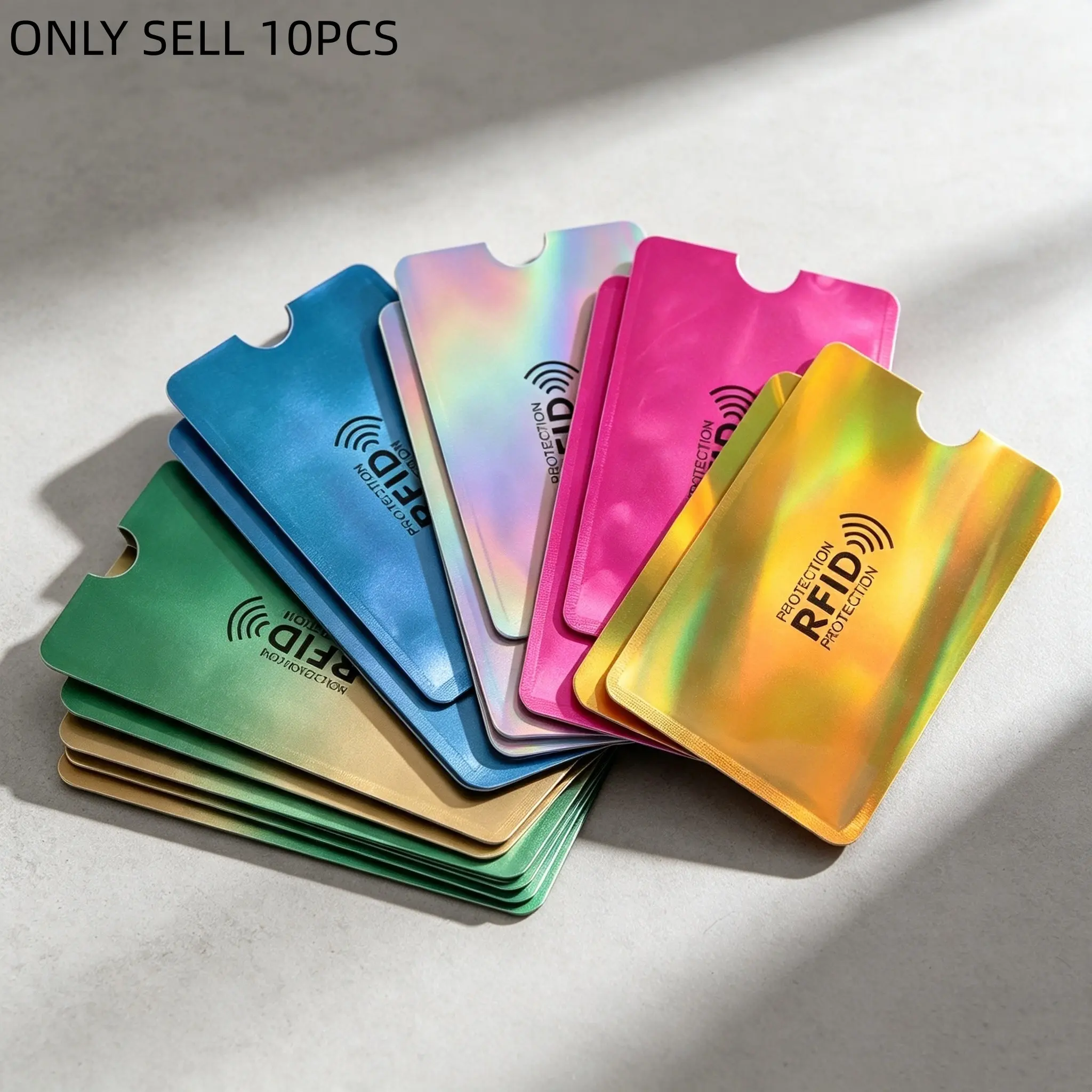 10pcs NFC RFID Blocking Credit Card Sleeves Anti Demagnetization Protector for Bank ID Cards Durable PET Foil Shield Iridescent Holographic Design Mixed Colors Office Home Travel Security Accessory