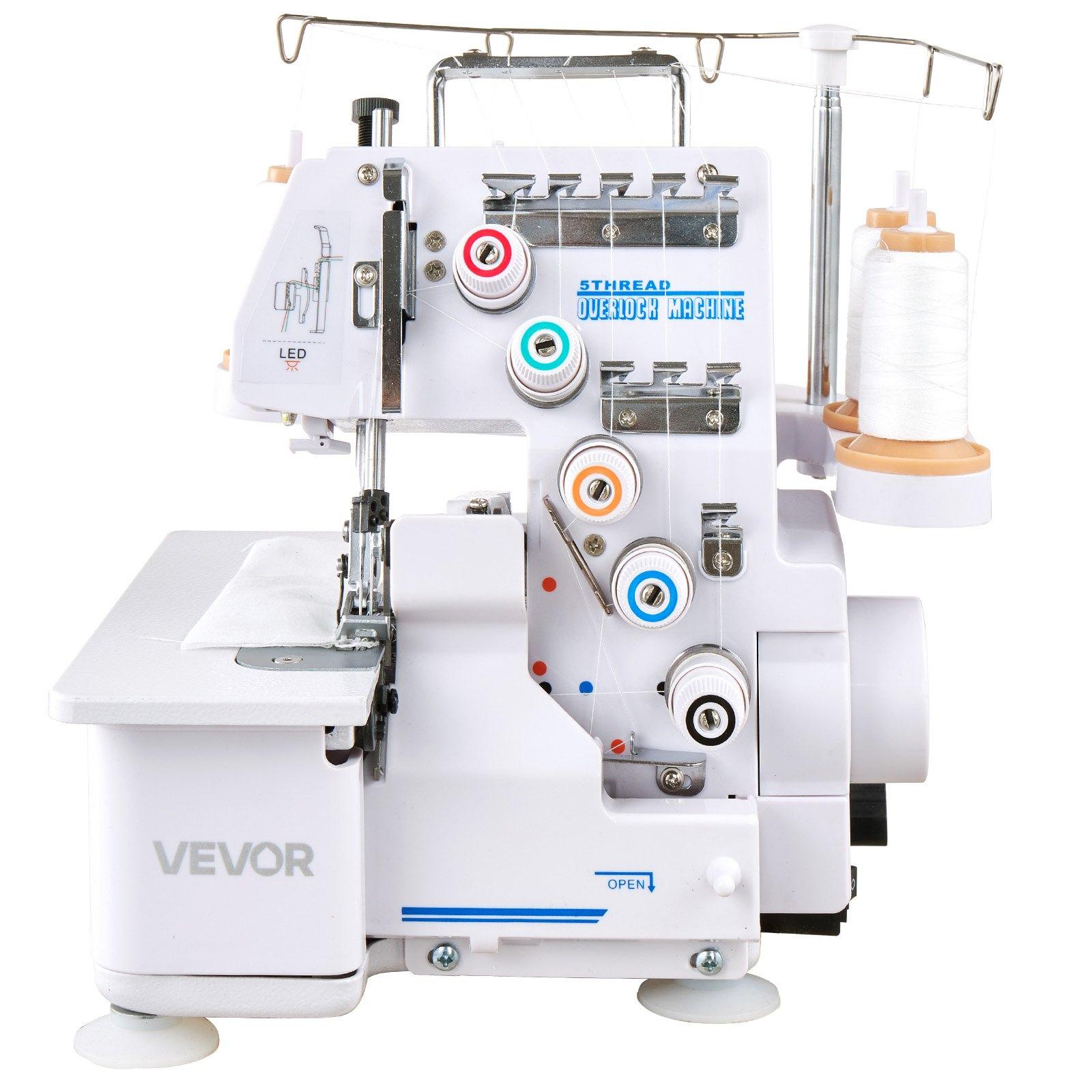 VEVOR Serger Overlock Sewing Machine, 1250 Stitches Per Minute, 2-3-5 Thread Capability, with LED Light and Strong Suction Feet, Heavy-Duty Metal Frame Sewing Machine for Various Fabrics, White