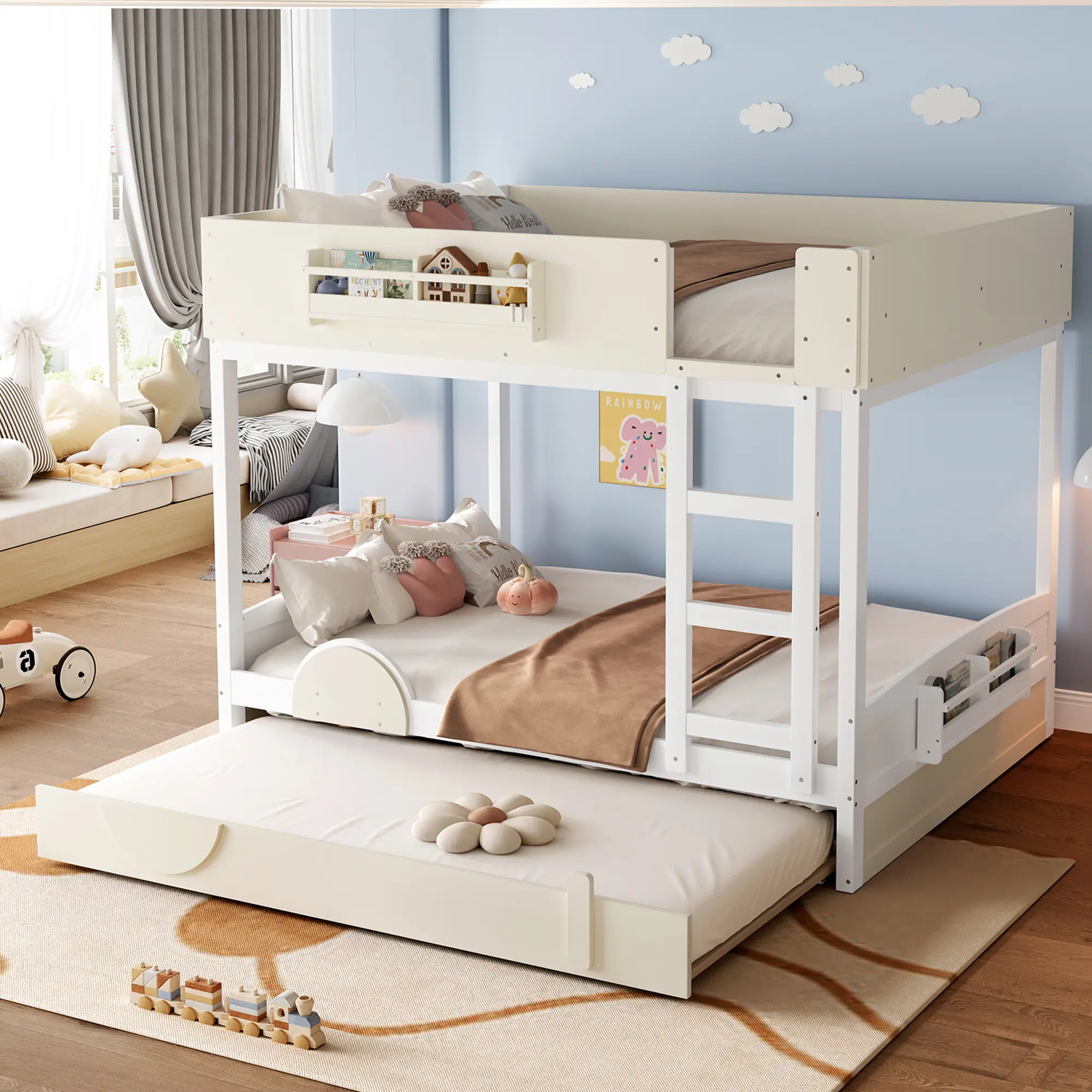 ARCH Queen Bunk Bed with Trundle, Wood Bunk Bed Frame with Built-in Bookshelf and Safety Guardrail, Automobile Form Design for Kids, White & Beige, Bedroom Furniture for Children and Teens, Space-Saving Loft Bed with Storage, Wood Slat or Metal