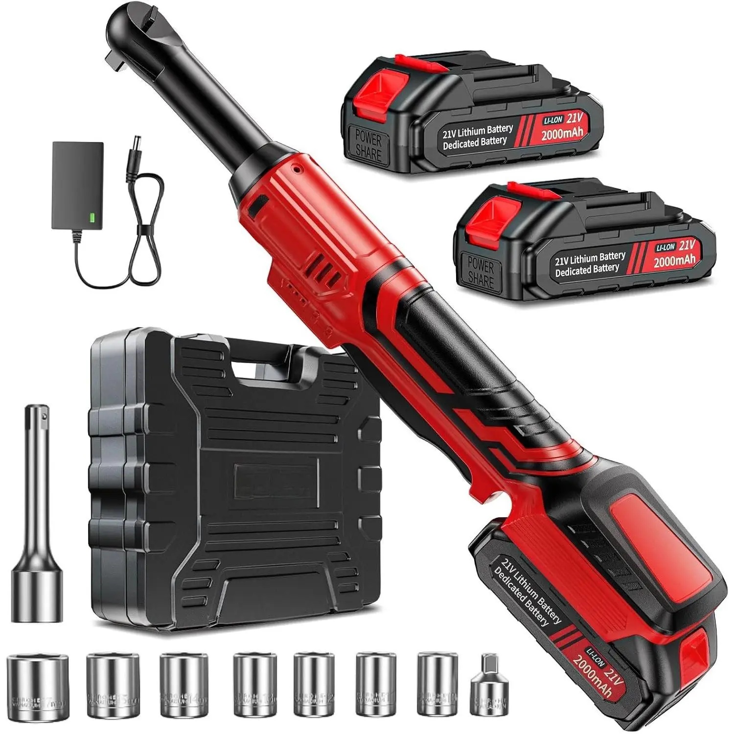 21V Electric Ratchet Wrench Set,60FT-LBS (80N.m) Extended Cordless Ratchet Wrench with 2x 2.0Ah ,3/8" 400 RPM Variable Speed Power Ratchet Driver Set with 7 Sockets,1/4 Adaptor, 3"Extension Bar