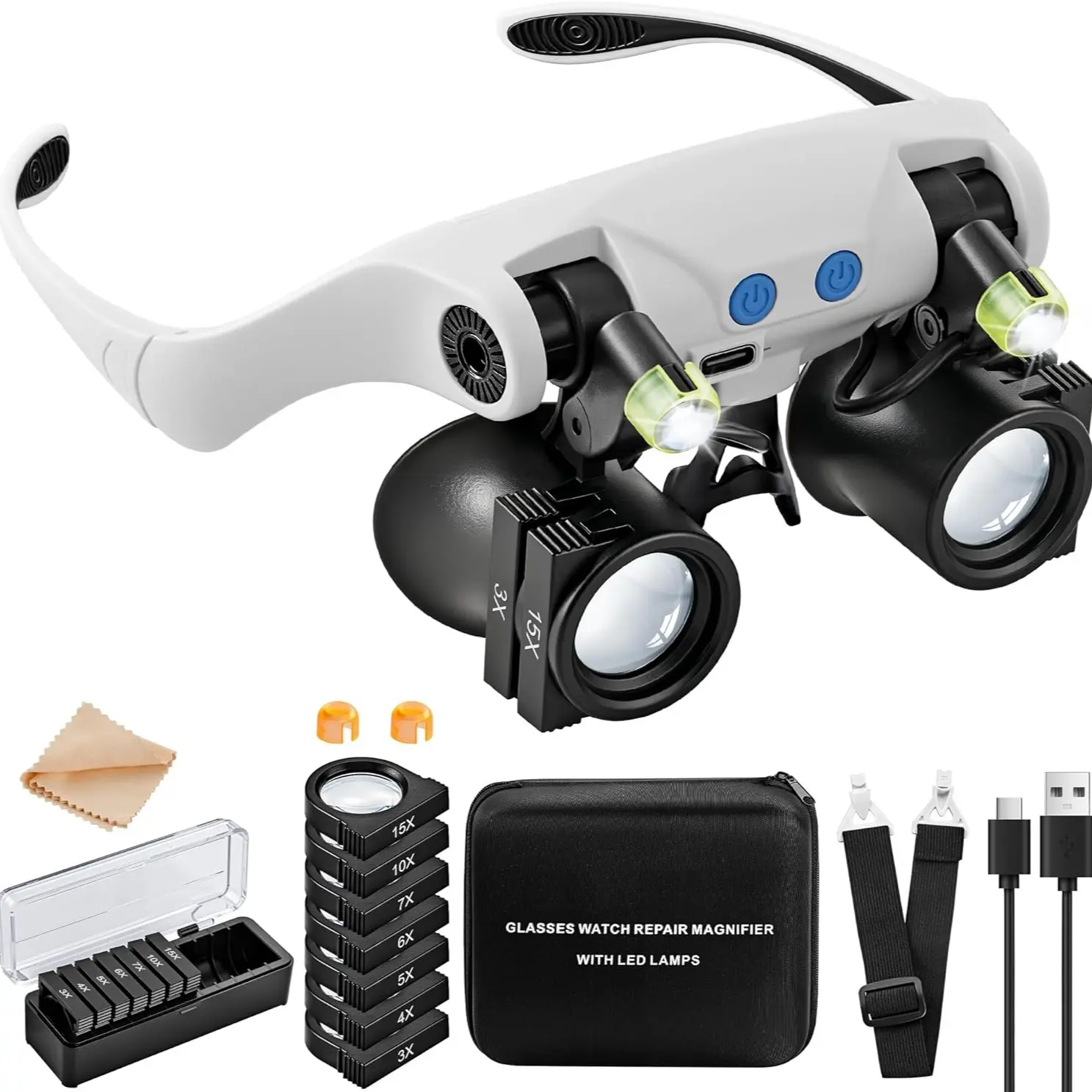 Head-Mounted LED Magnifying Glass with Light, Acrylic Material, 7 Interchangeable Lenses, Ideal for Precision Work, Watch Repair, Pcb Soldering, Jewelry Appraisal