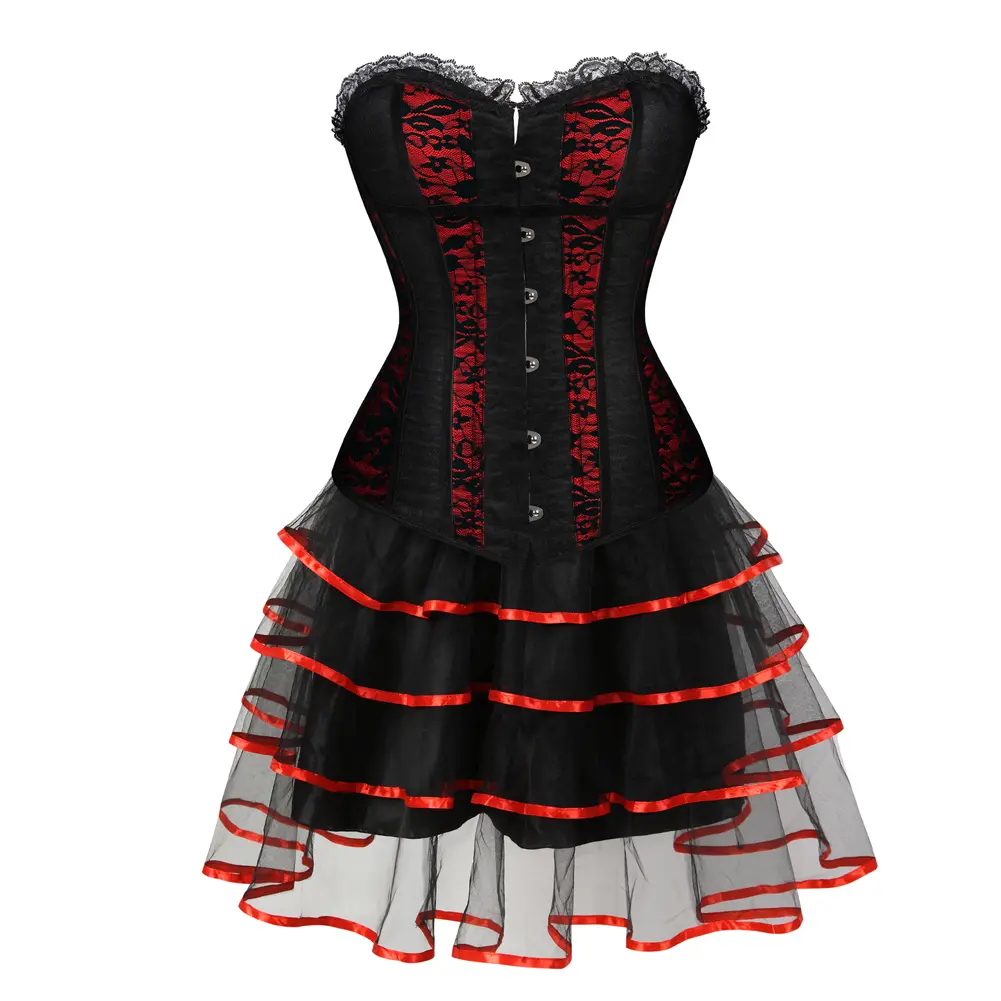 Red Corset for Women 2 Pieces Renaissance Vintage Medieval Bustier Dress Top Skirt Tutu Set Boned Brocade Classic Floral Lace up Plus Size Fashion Cosplay Costumes Fairy Halloween Elegant
