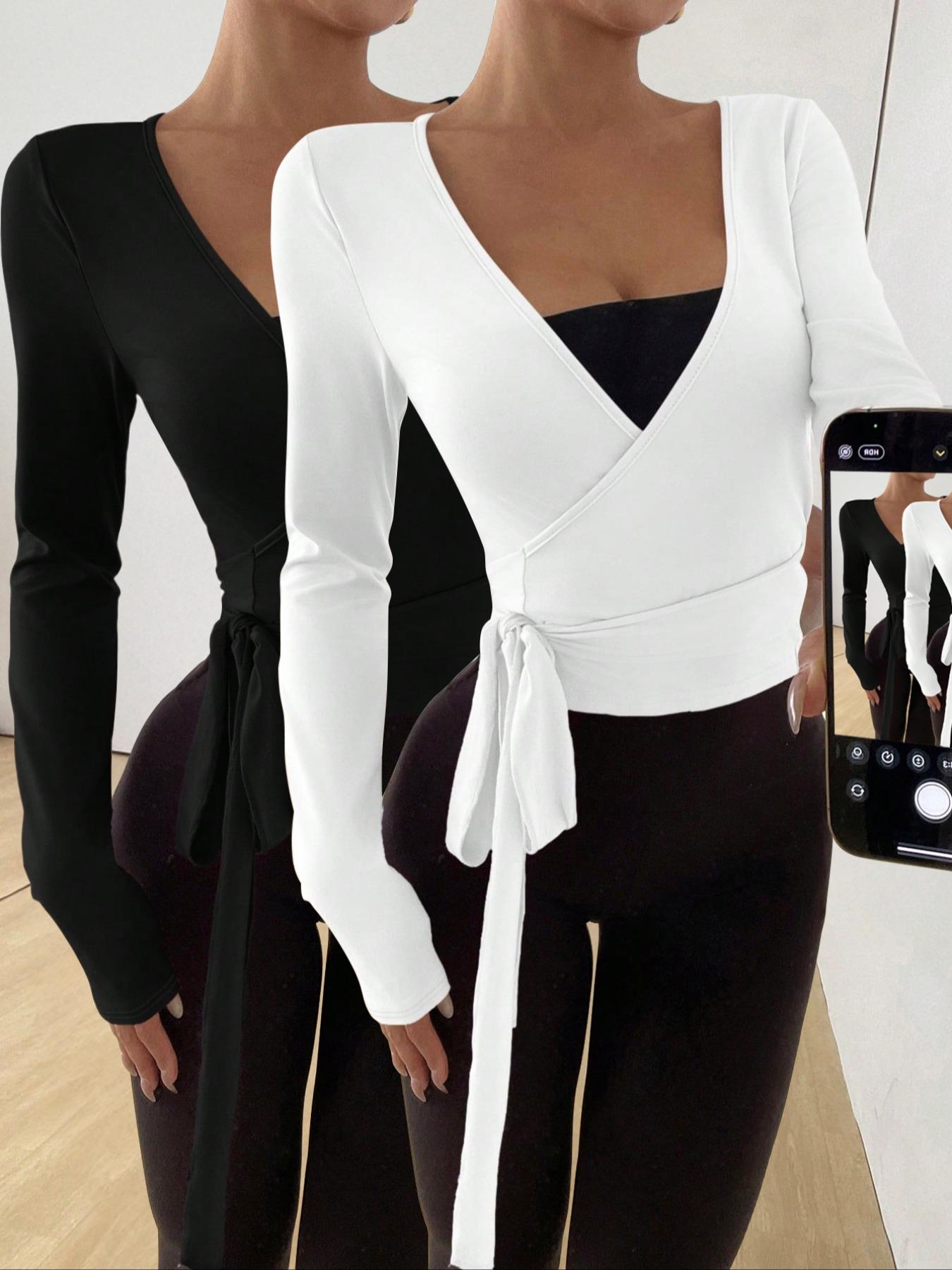 Women's Spring Summer Knitted Plain Elastic Soft Front Tie V Neck Bodycon Long Sleeve Short Tight T-Shirt, Casual Fashion All Seasons Top, Basic