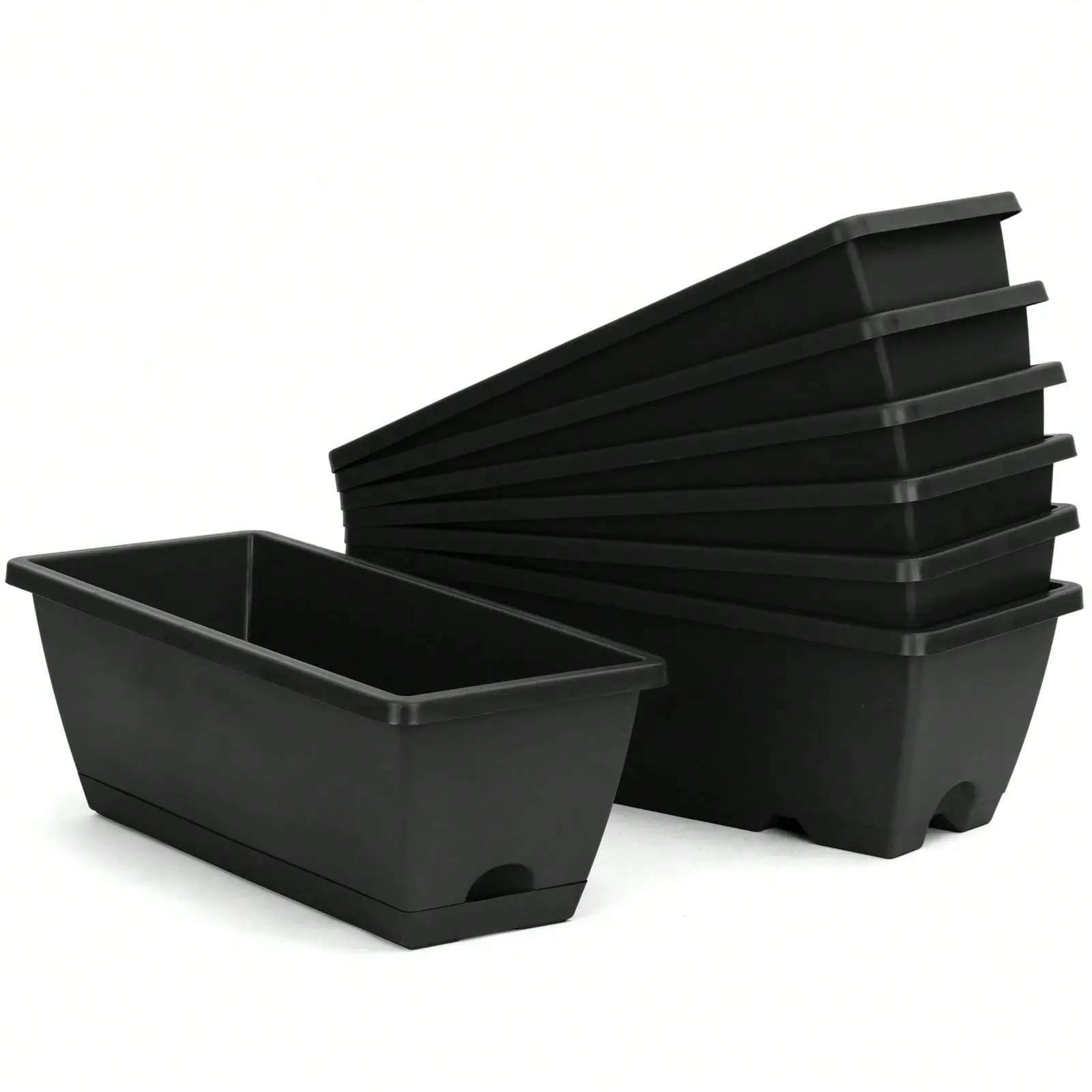 7 Pcs Window Box Planter, 43 Cm Rectangle Flower Box With Drainage Holes And Trays, Plastic Planters For Windowsill Patio Porch Garden Decor, Black
