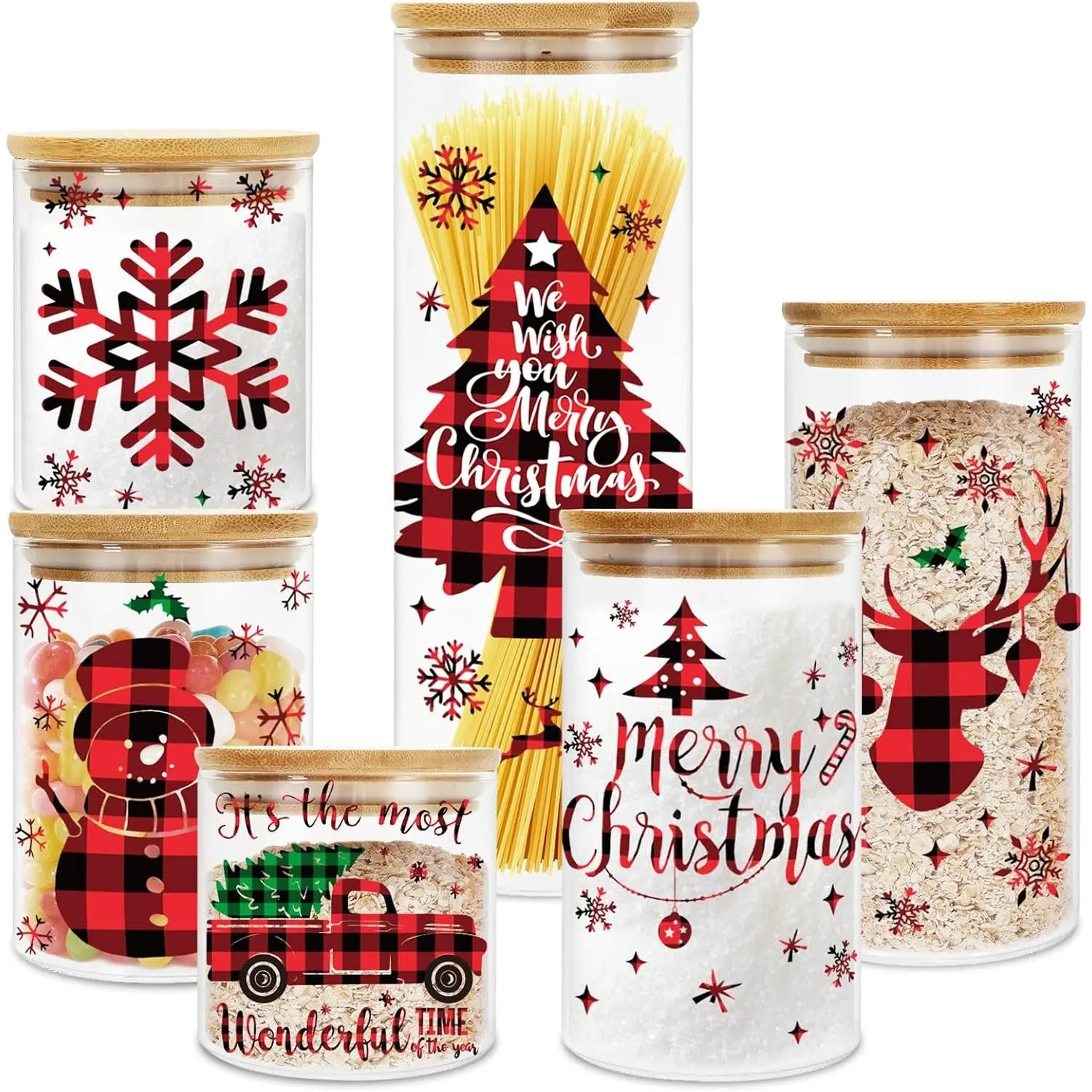6 count Merry Christmas Glass Storage Jars with Airtight Lid Red Black  Xmas Tree Snowman Reindeer Snowflake Canisters Sets for  Kitchen Countertop
