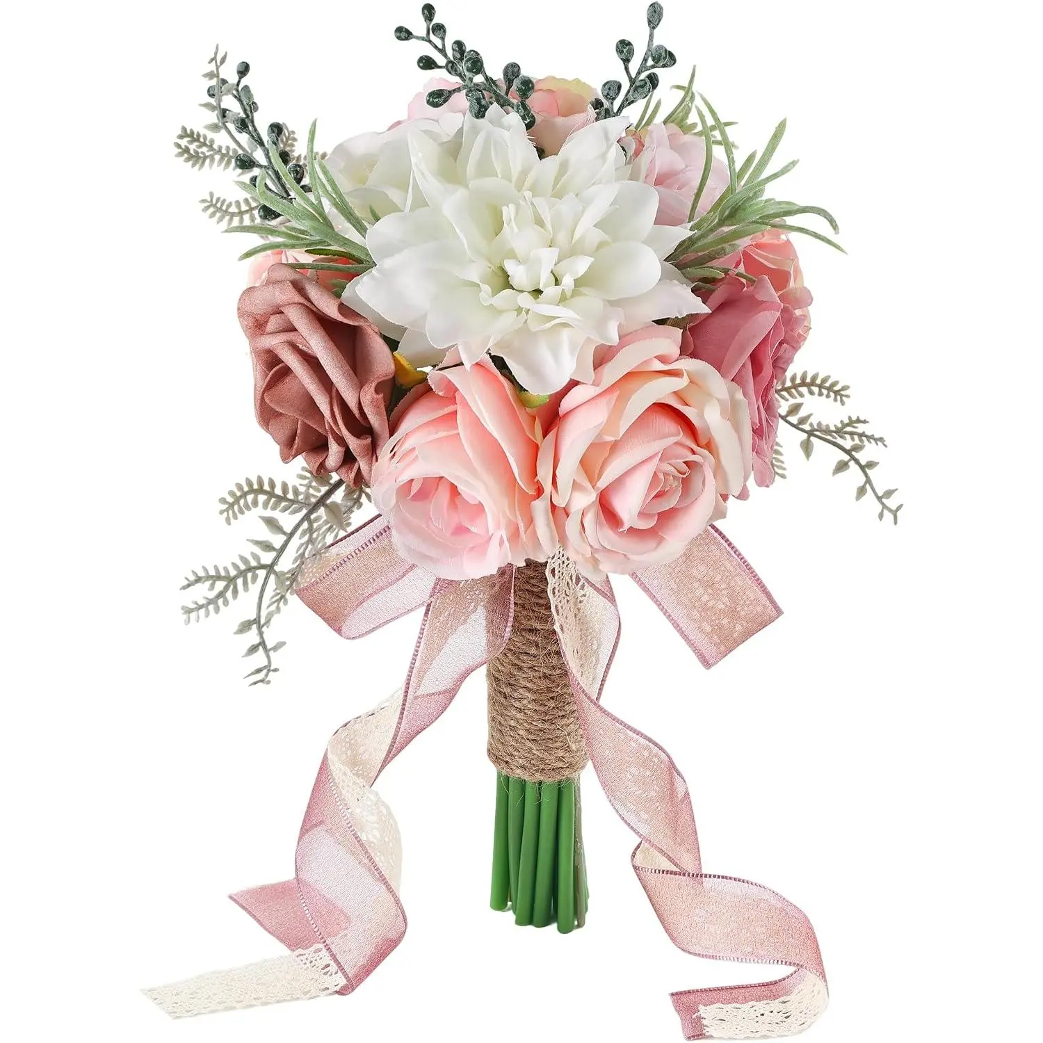 8 Inch Wedding Bouquet for Bride - Realistic Silk Rose & Peony, Rustic Bridal Bridesmaid Bouquet, Faux Flowers for Ceremony, Elopement, Anniversary, Home Decor & Photoshoot (Dusty Rose)