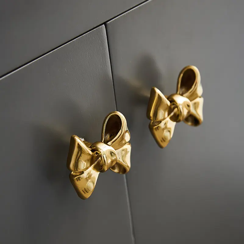 2pcs bow drawer handle, bow brass handle single-hole drawer wardrobe door cabinet modern minimalist gold cute French handle.