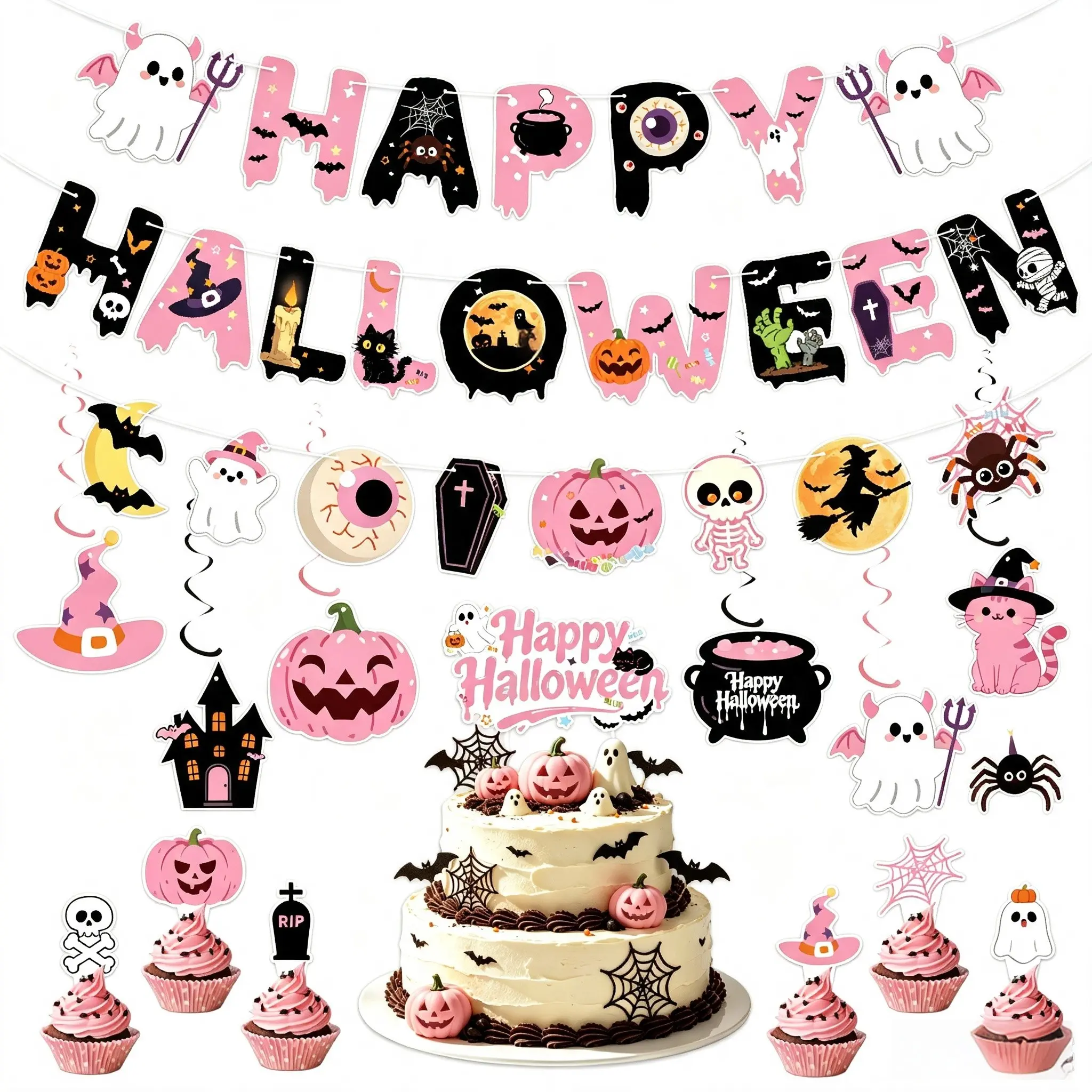 Cute Halloween Party Decoration Set, Includes Happy Halloween Banner, Hanging Spiral Ribbons, Cupcake Picks, Ghost, Pumpkin, Witch Hat Decorations